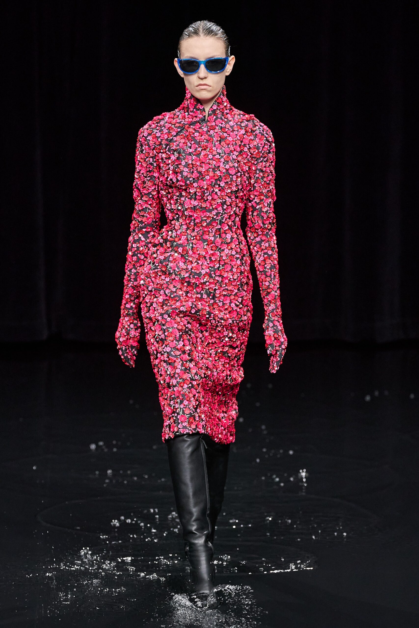 pink silk long-sleeve high-neck fitted embroidered midi dress