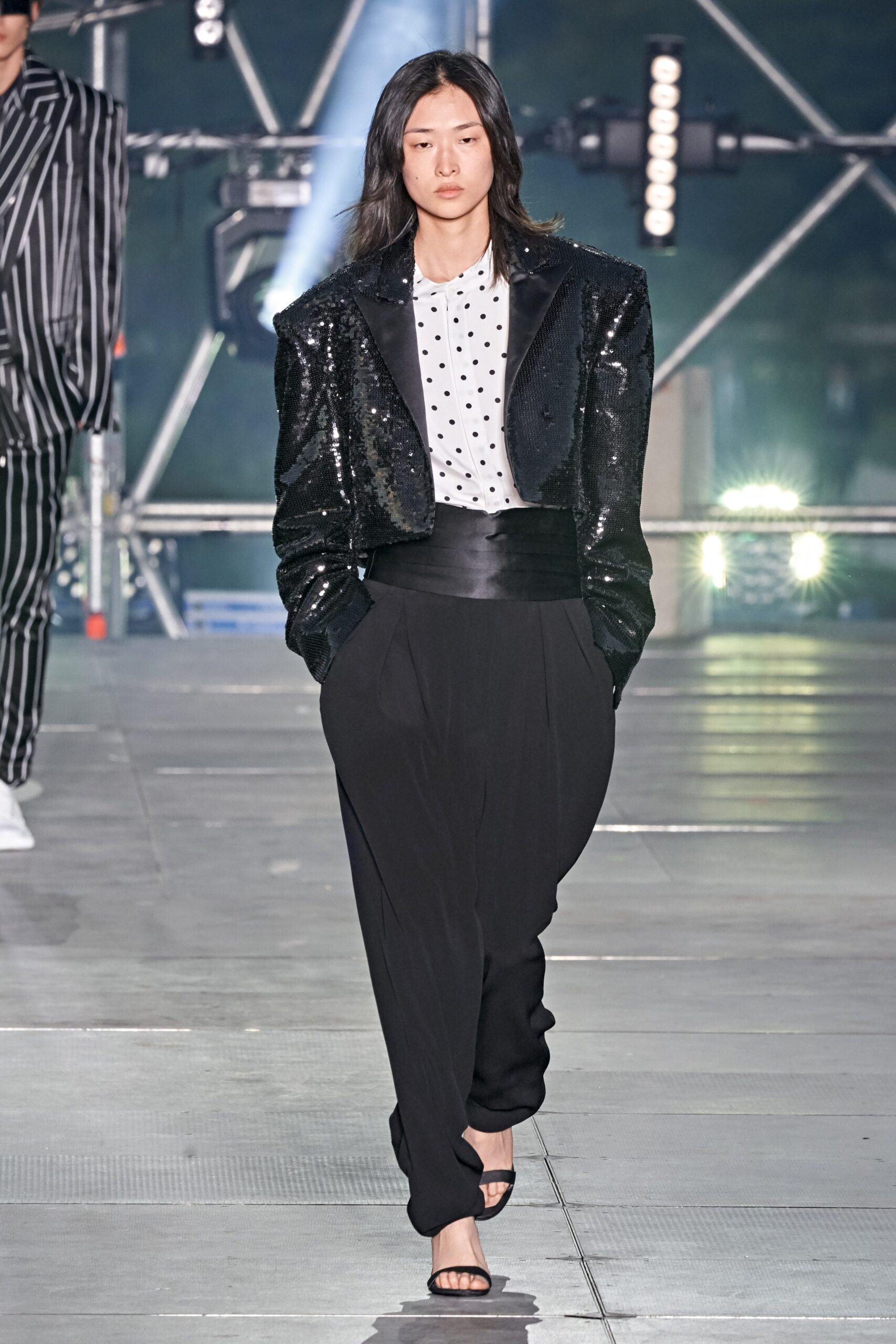 black sequin long-sleeve collared relaxed buttoned shiny jacket