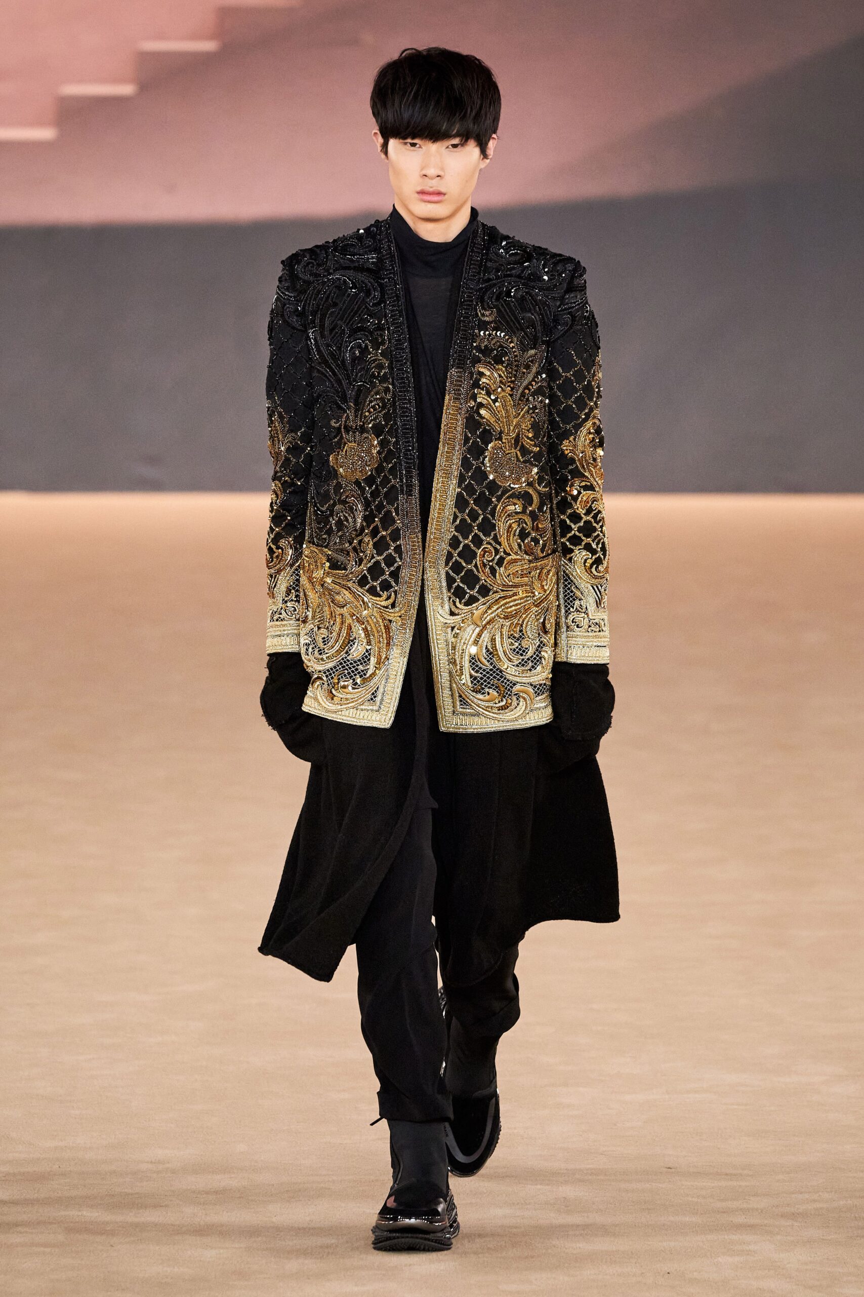 black silk long-sleeve collared fitted embroidered layered coat