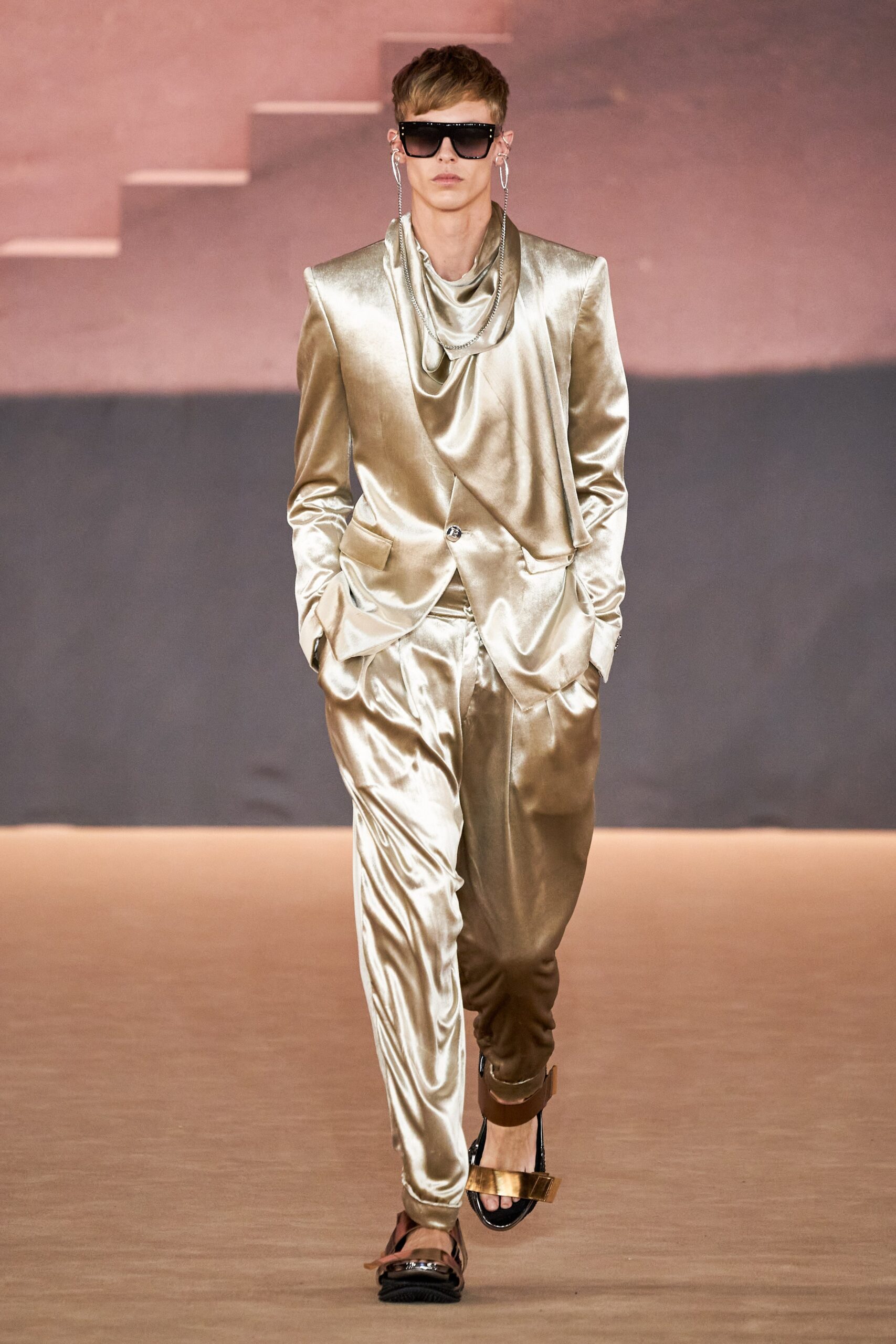 gold satin long-sleeve collared fitted zippered shiny suit