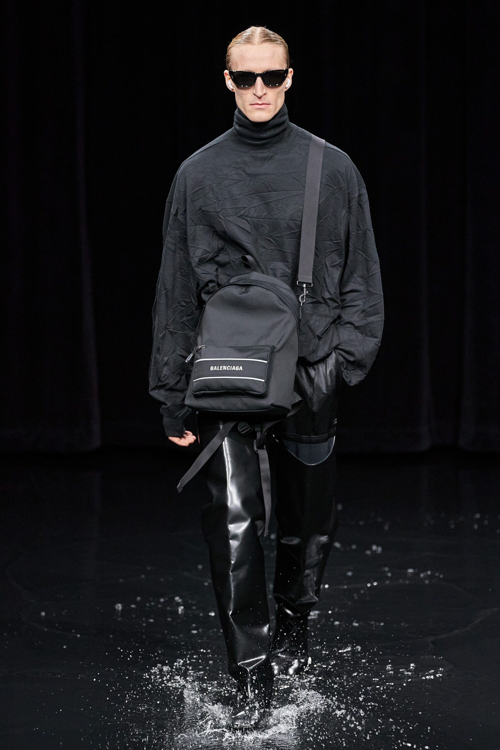 black cotton long-sleeve high-neck oversized pleated top