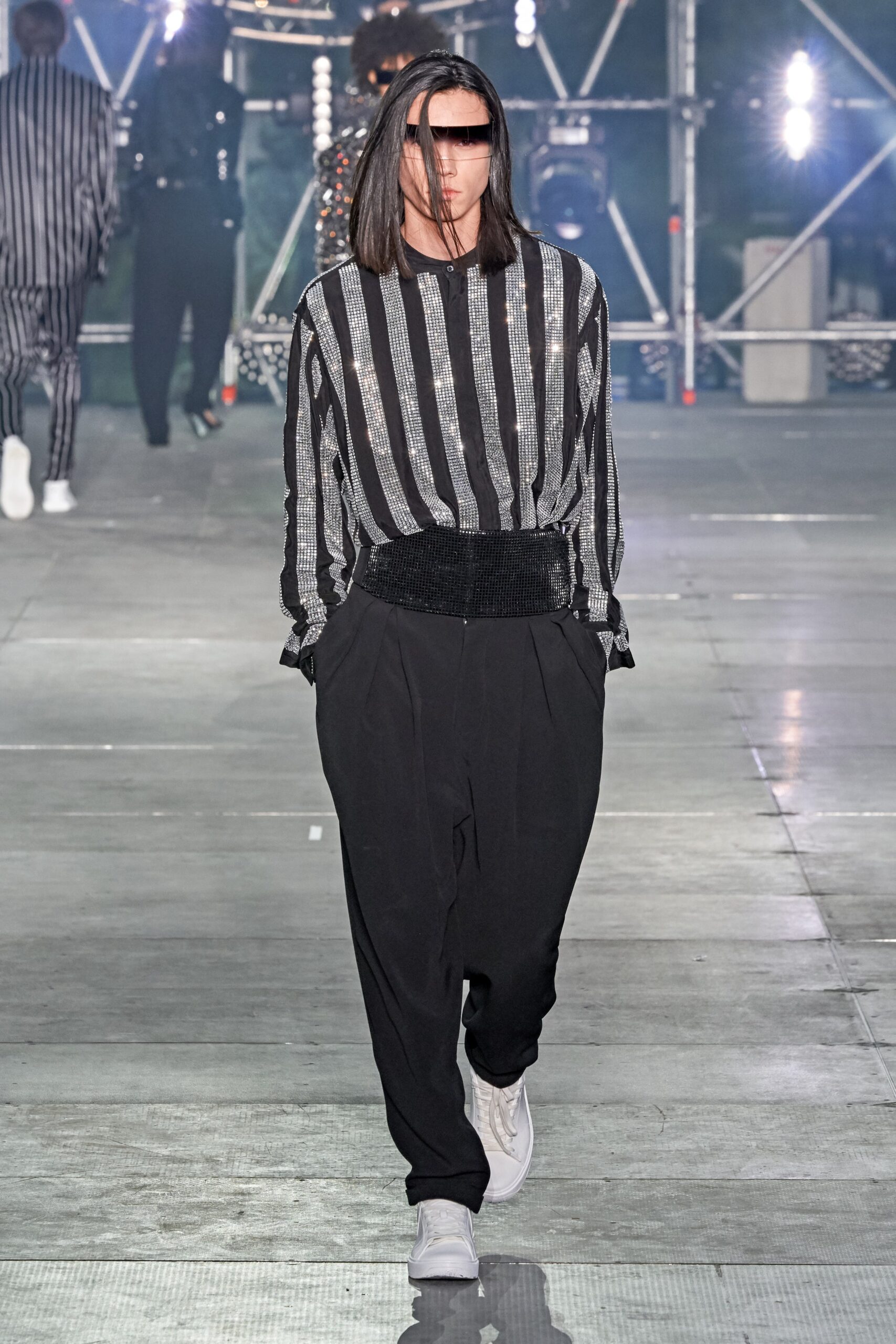 black and white striped shirt with relaxed pants