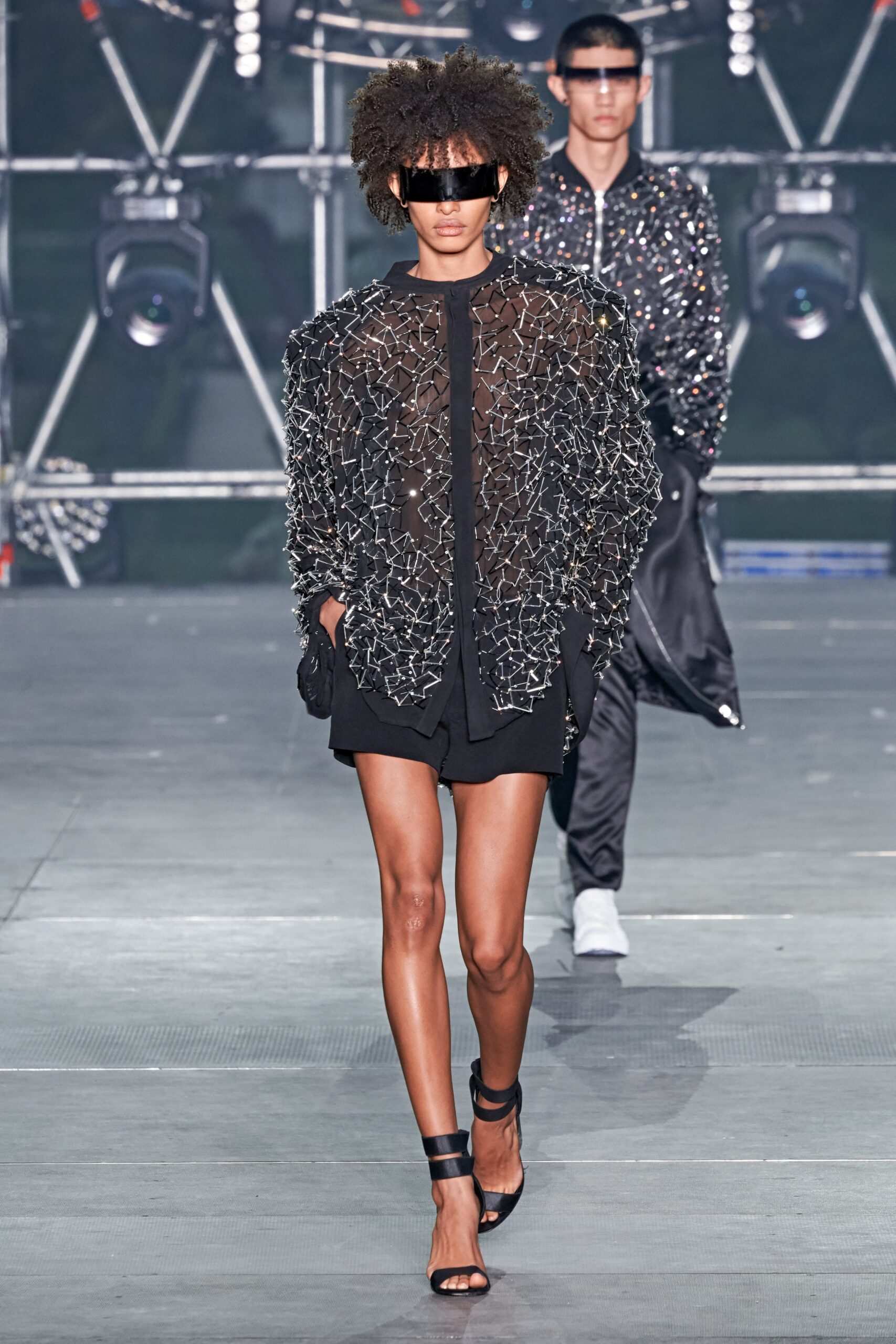 black silk long-sleeve collared relaxed embroidered shiny jacket