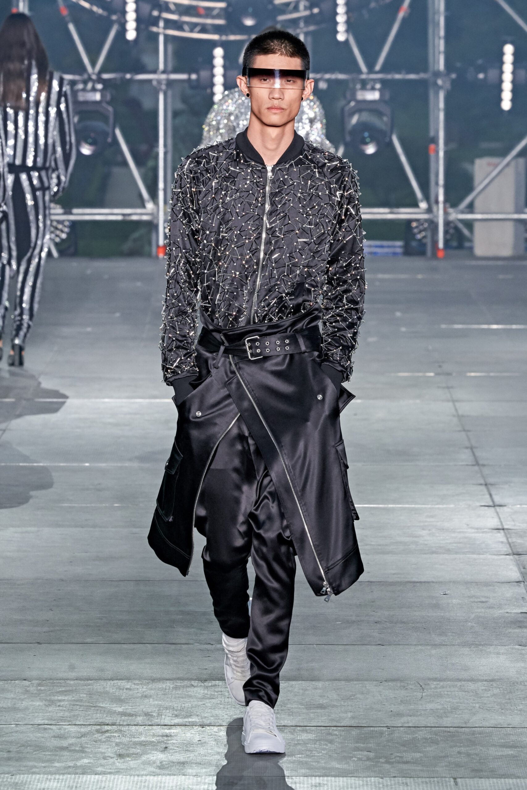 black embellished shirt and cargo pants