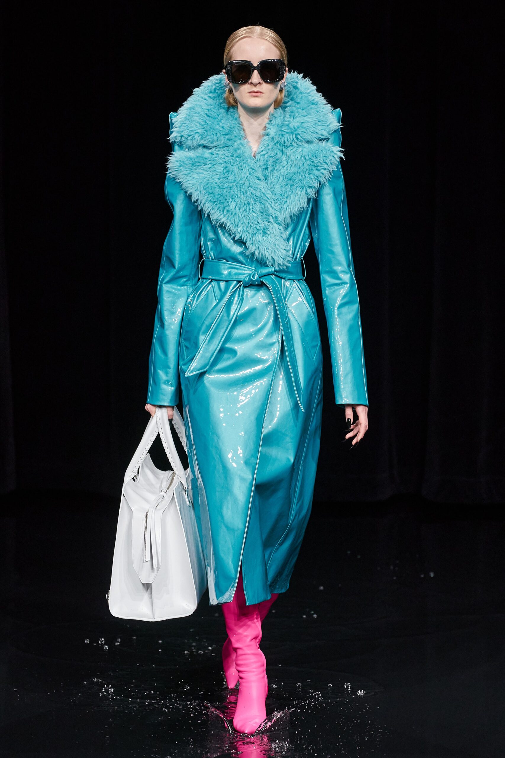 blue vinyl long-sleeve collared fitted belted zippered coat