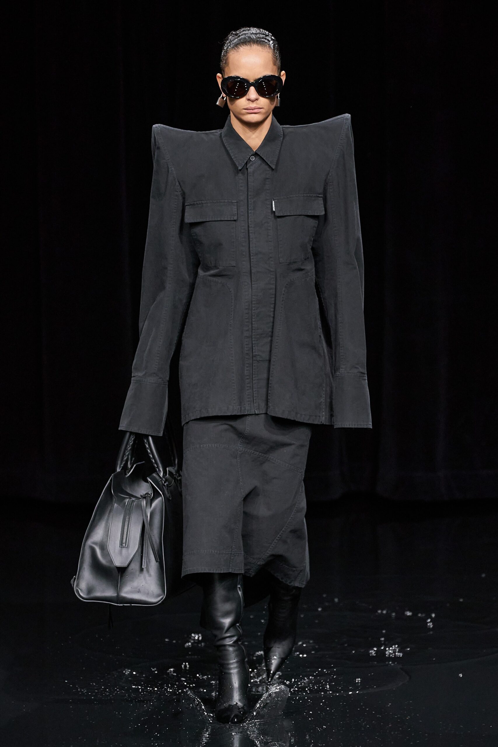 black oversized jacket and midi dress