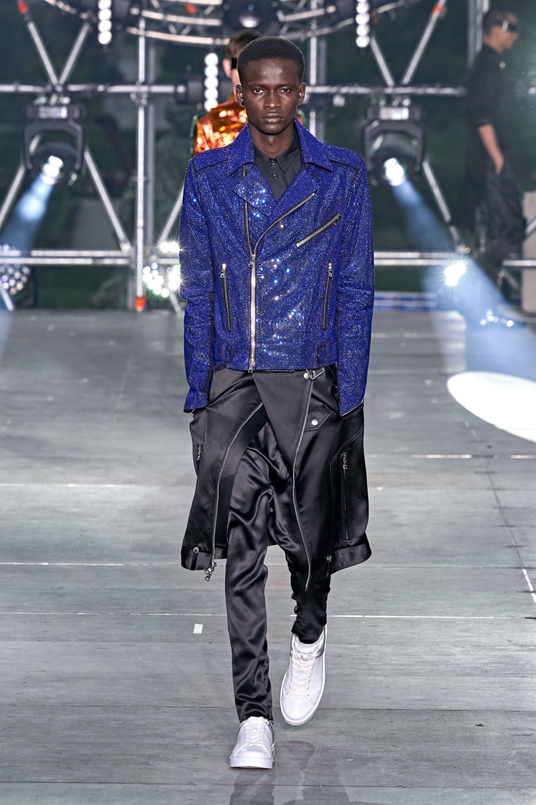 blue silk long-sleeve collared fitted zippered sequined jacket