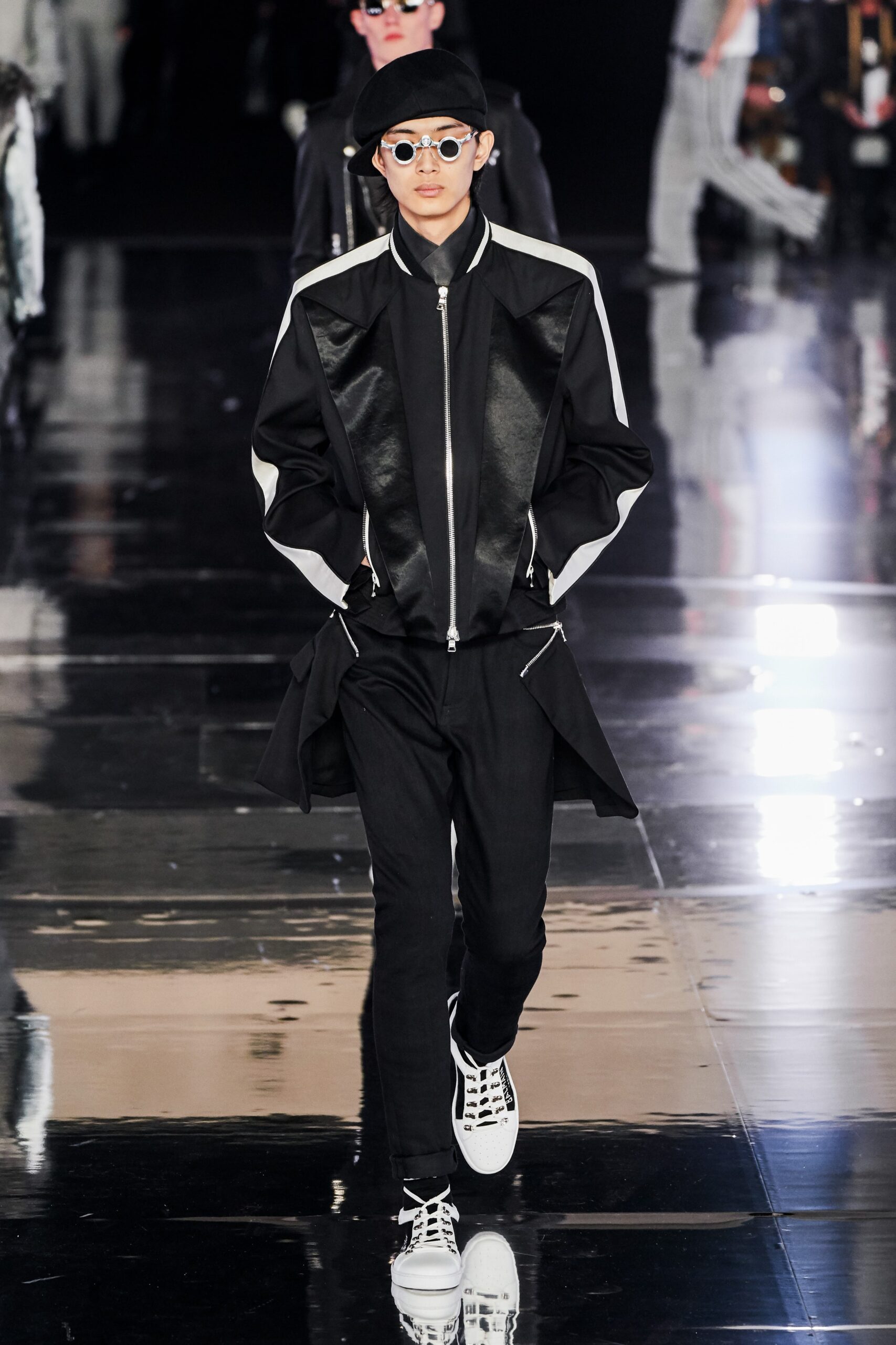black and white fitted jacket with slim pants