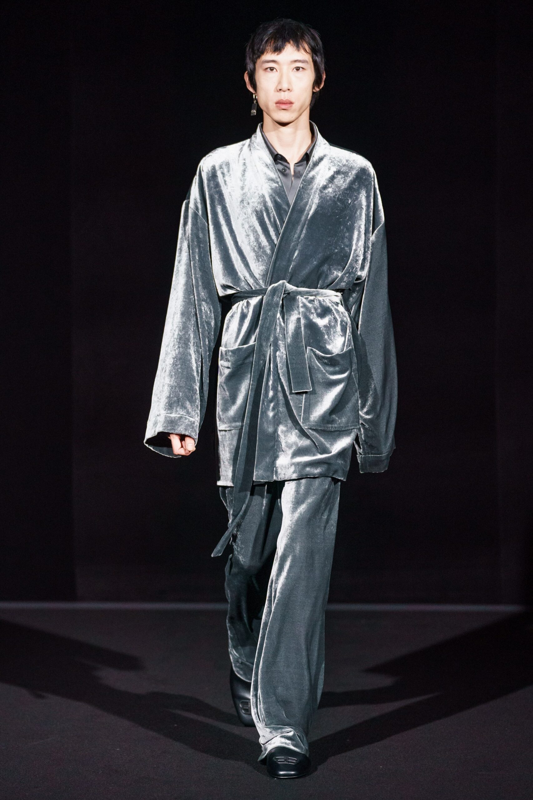gray velvet long-sleeve collared relaxed belted shiny jacket