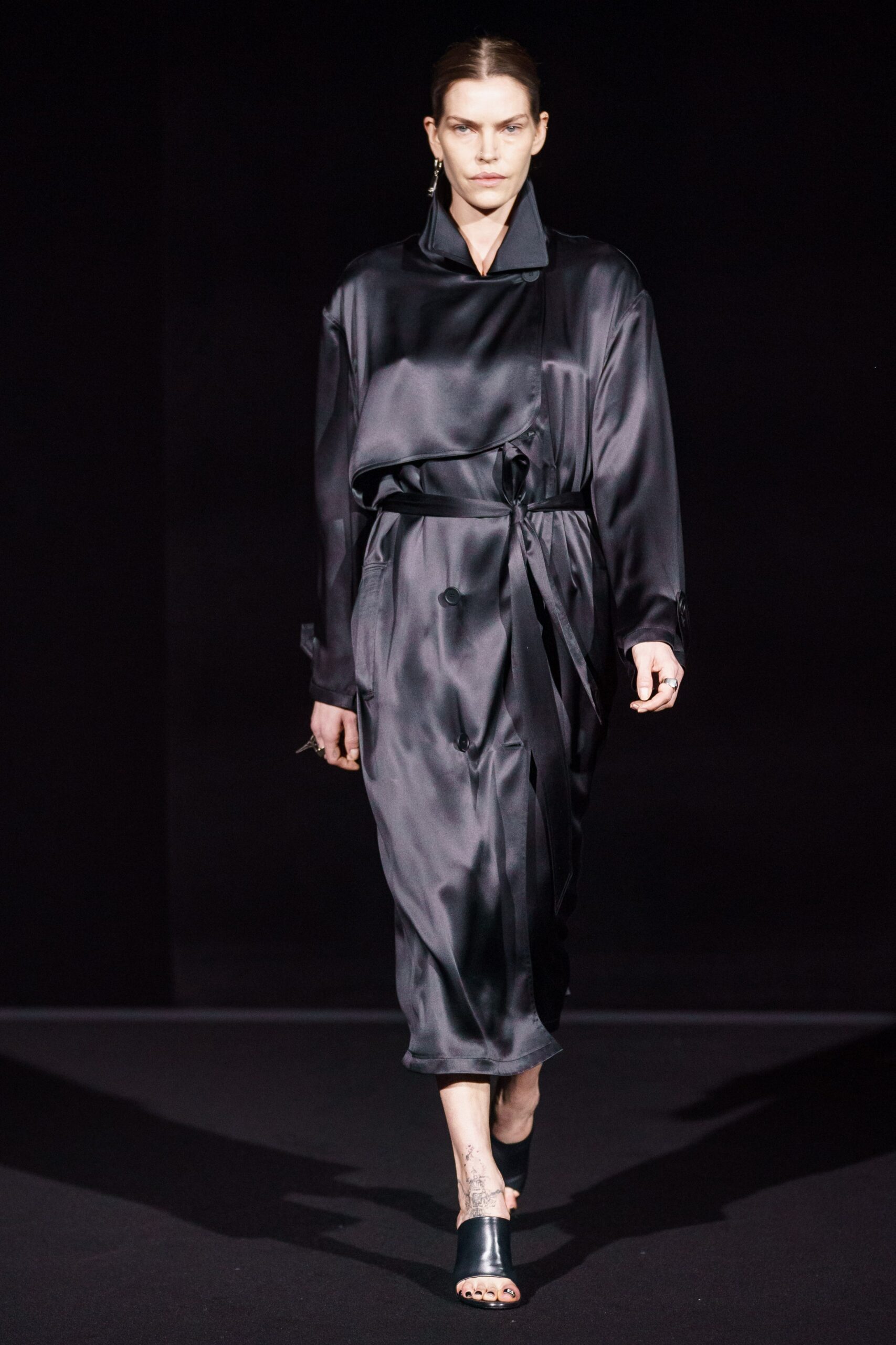 black silk belted midi dress