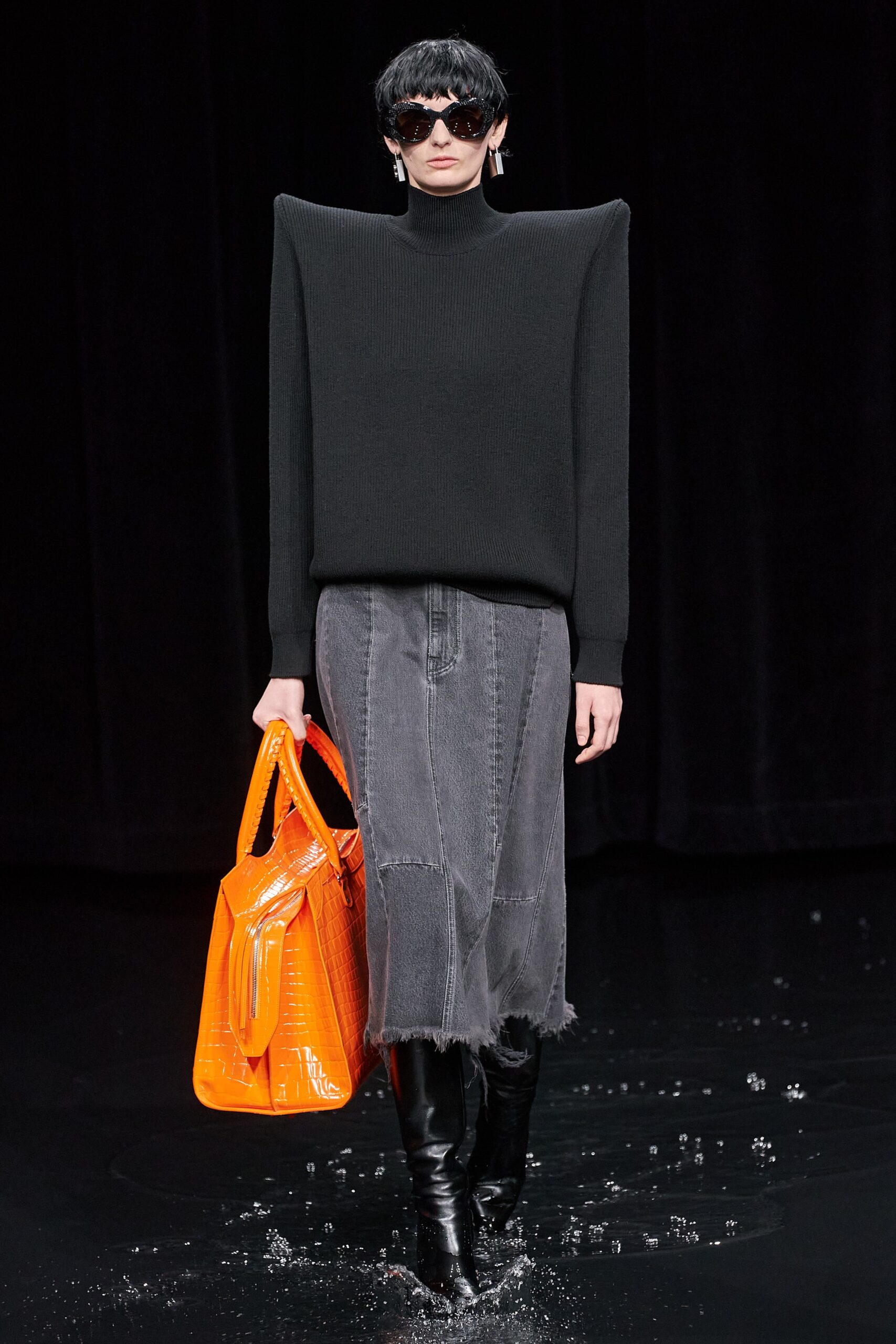 black wool long-sleeve high-neck oversized structured top