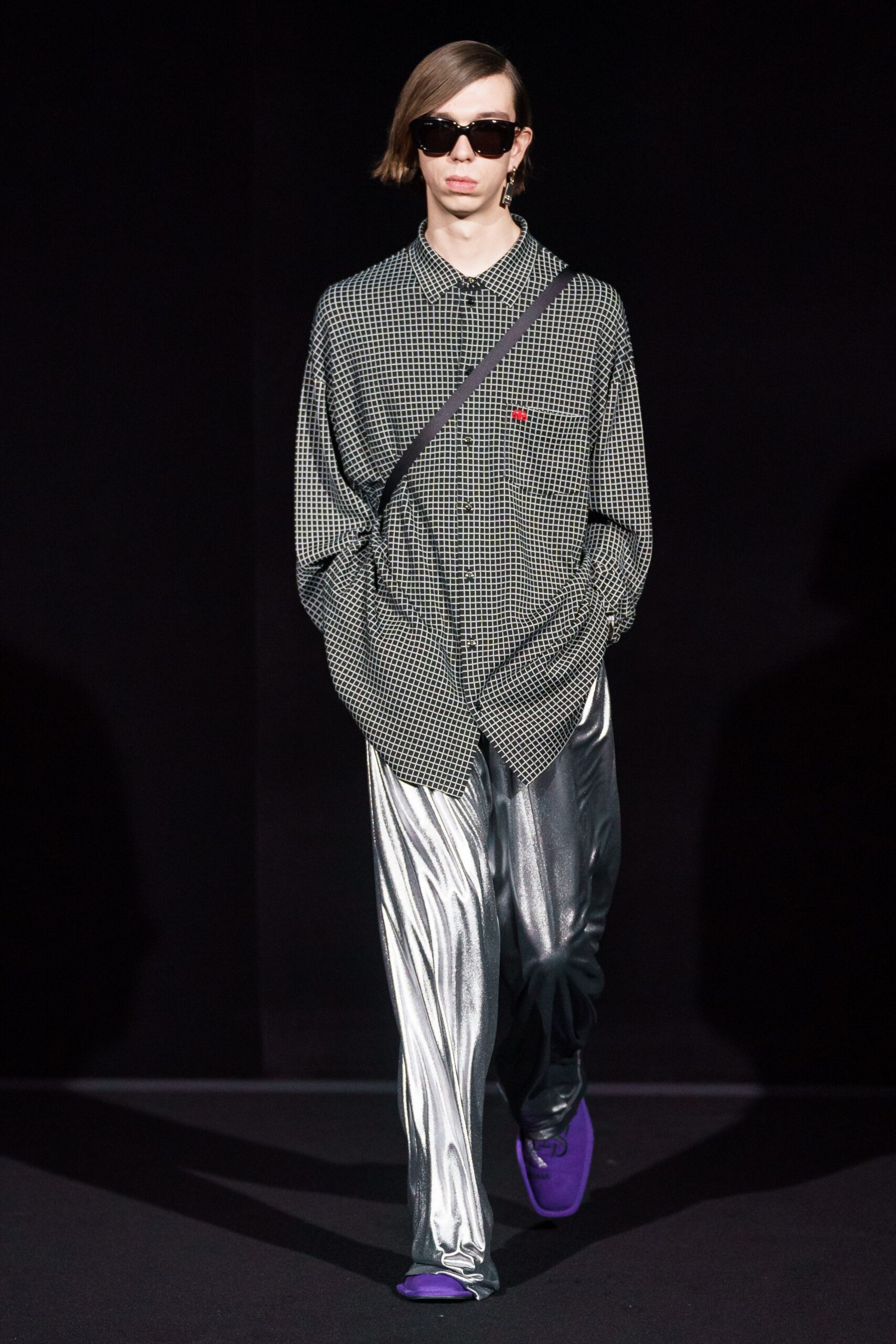 gray metallic relaxed straight-leg shiny pants