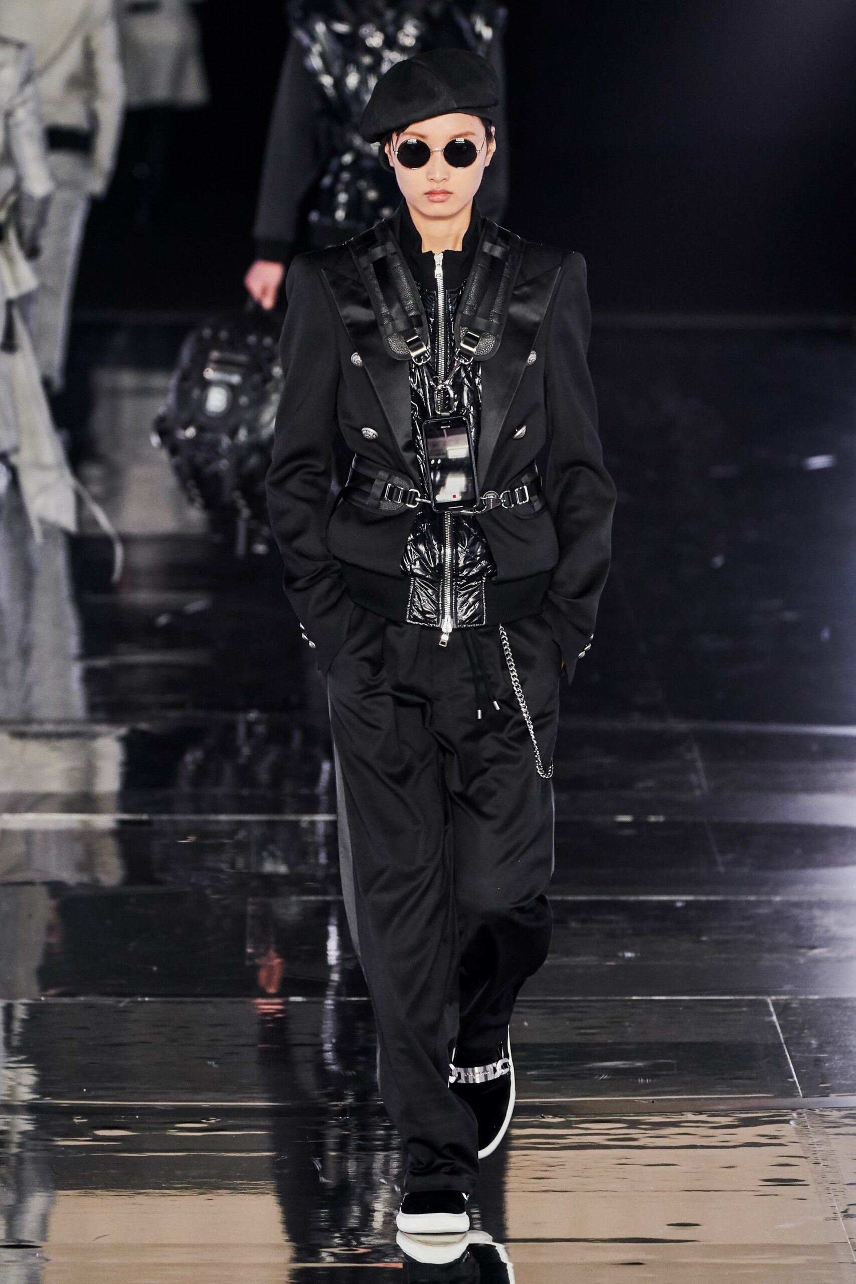 black leather fitted jacket with pants