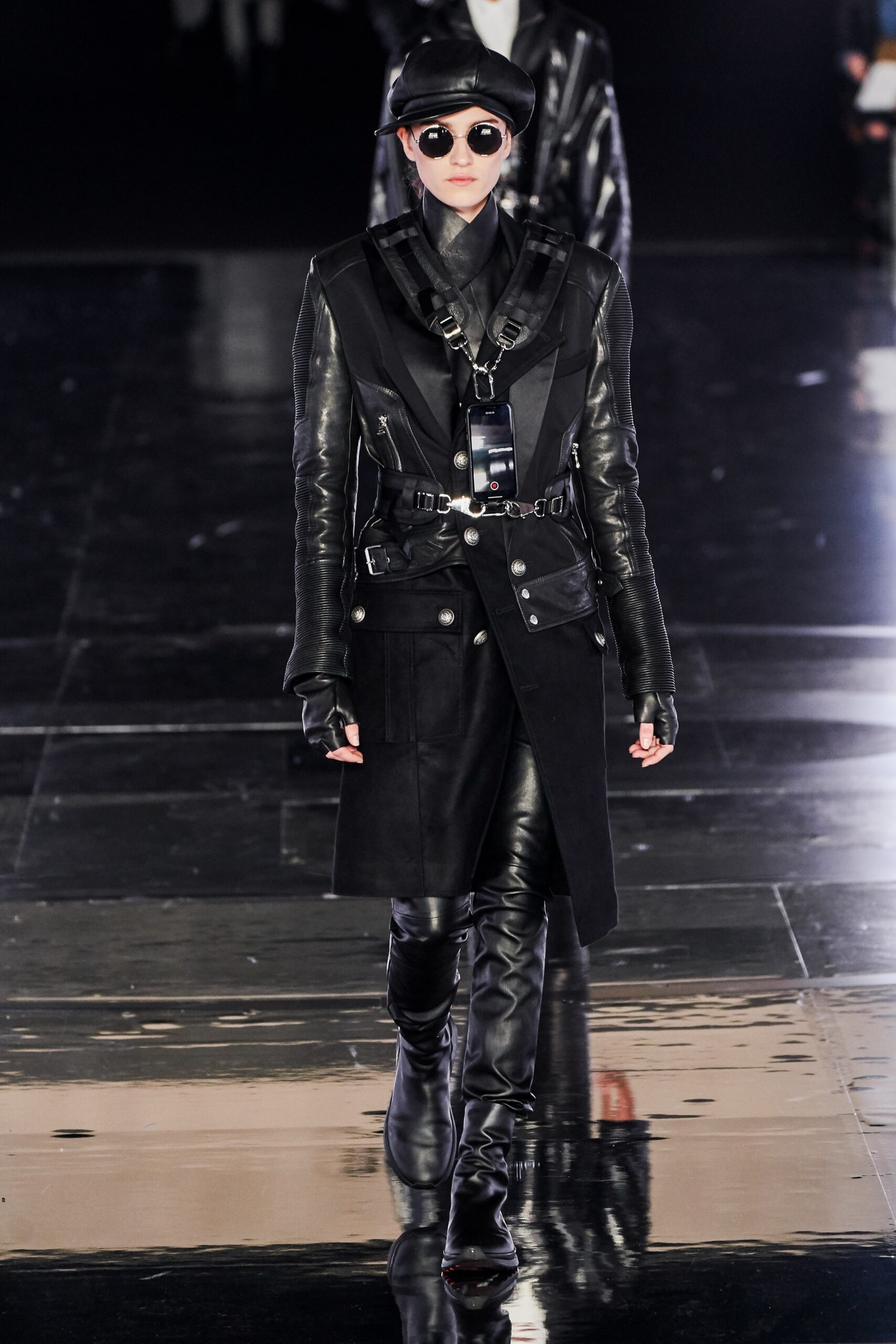 black leather fitted coat and pants