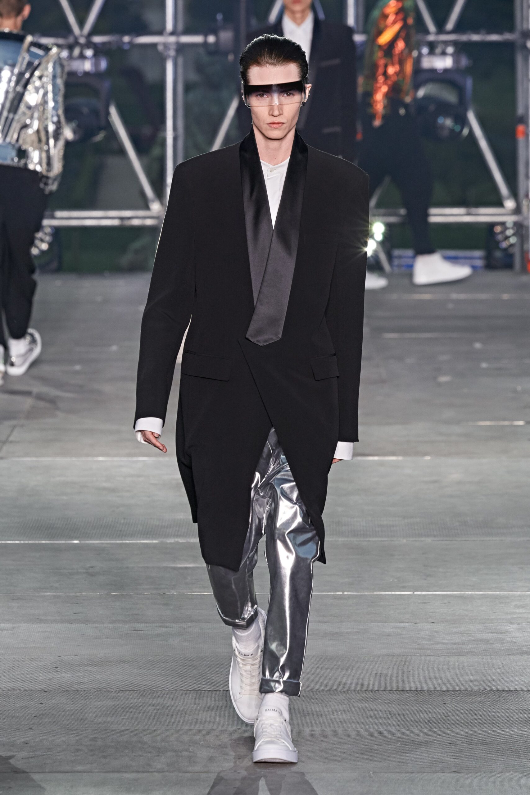 gray metallic slim straight-leg shiny pants