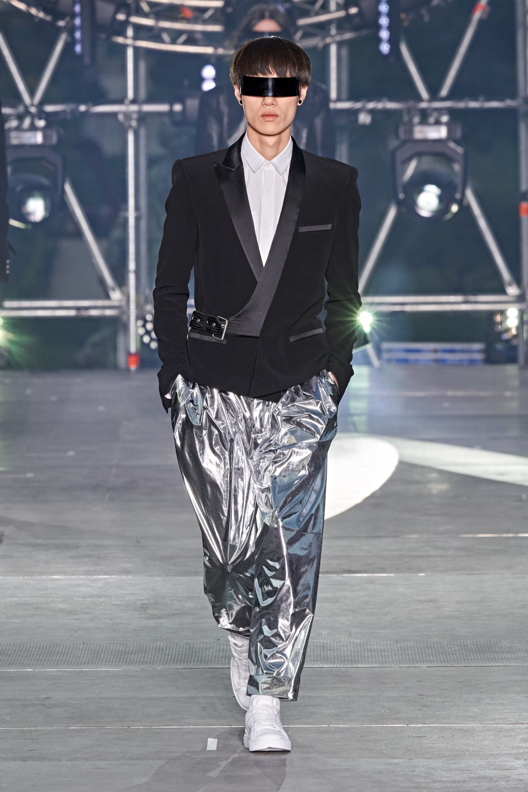 black velvet tailored blazer with silver pants