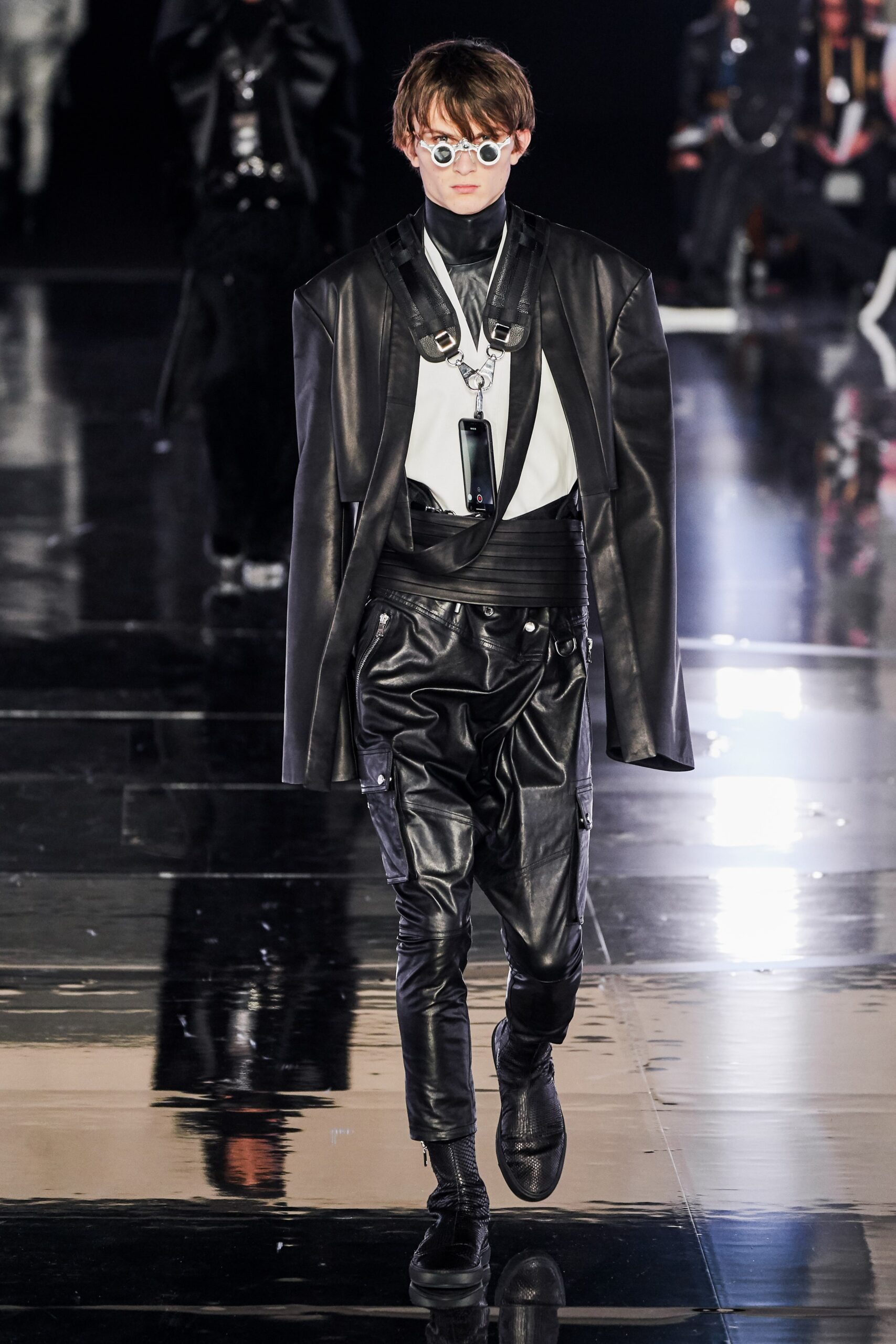 black leather structured jacket and pants