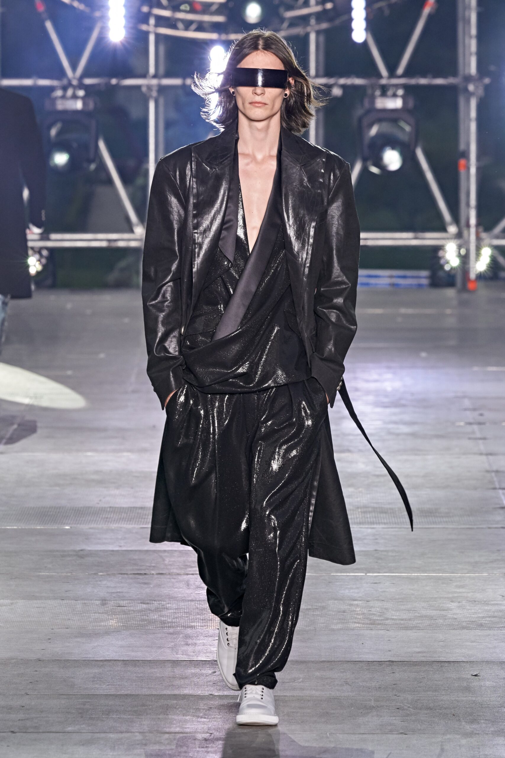 black vinyl relaxed wide-leg shiny pants