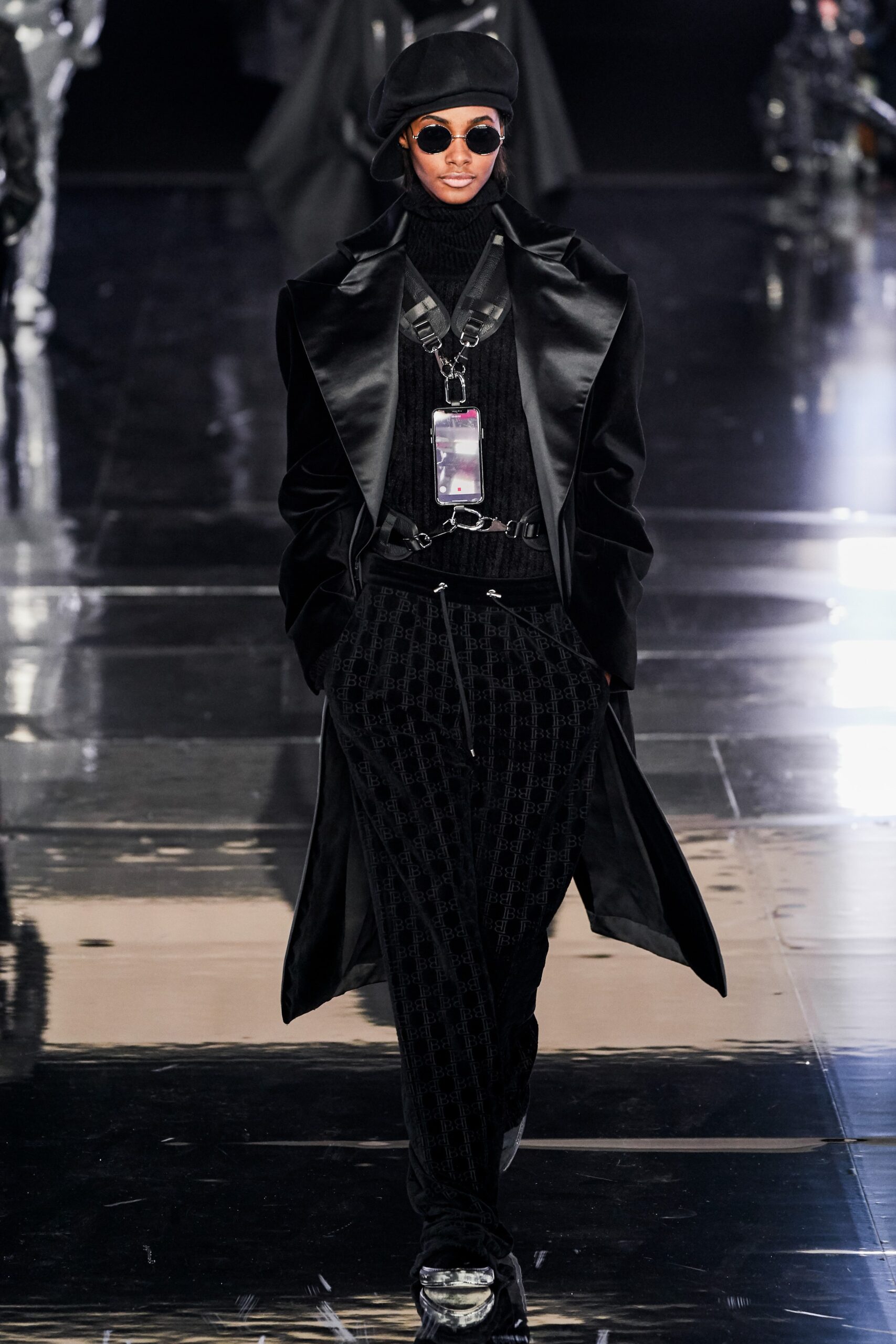 black silk coat and knit top