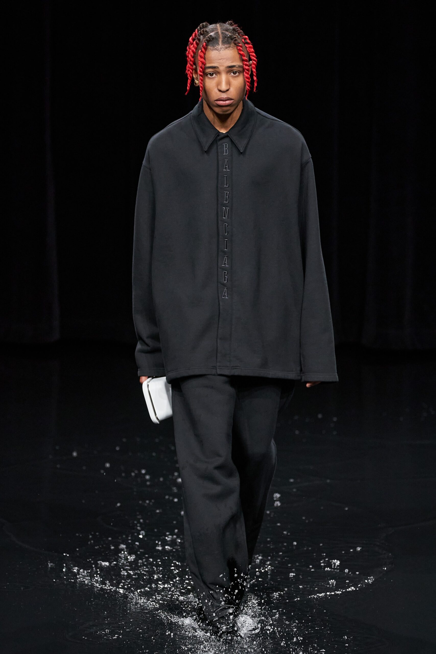 black oversized jacket and relaxed pants