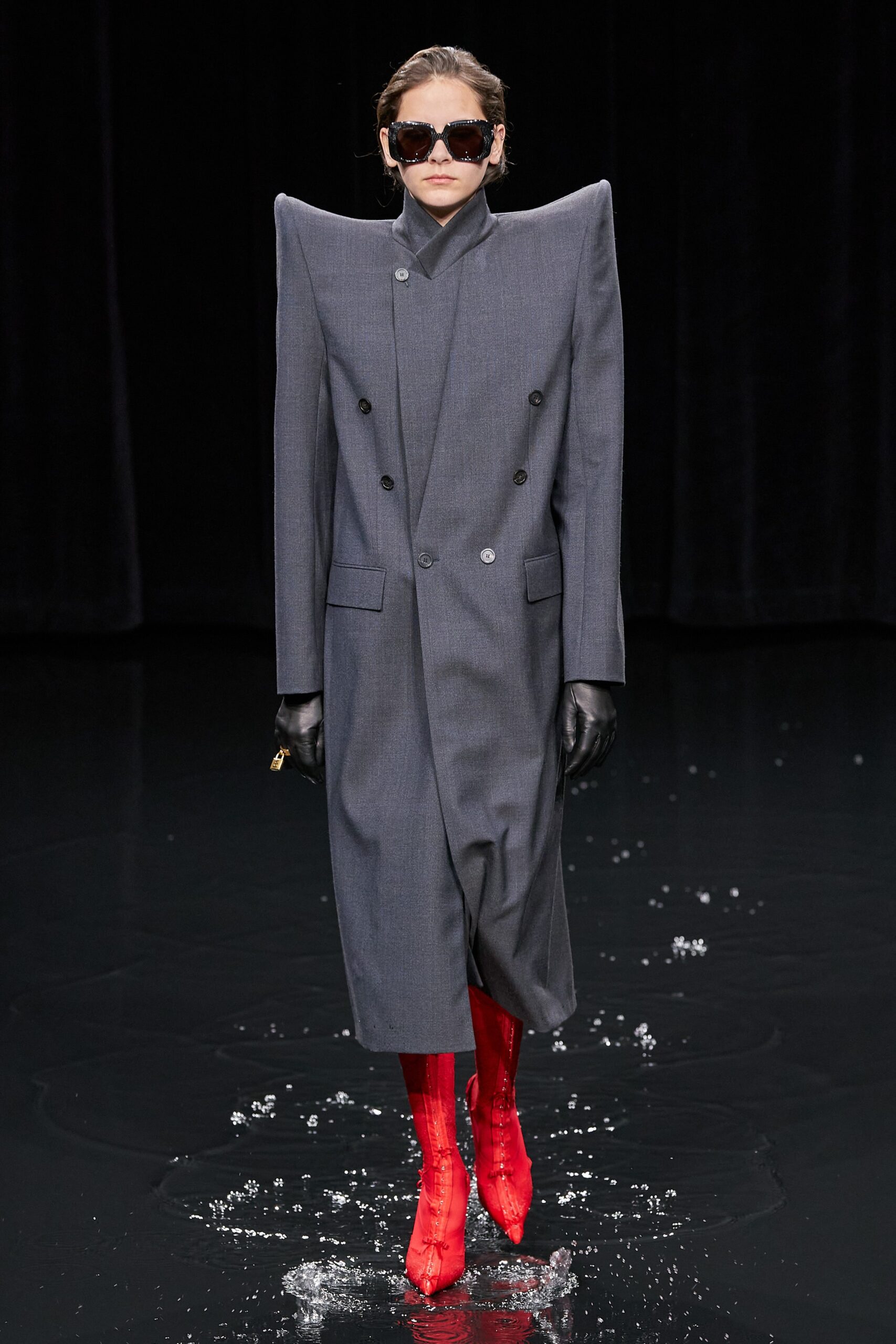 gray wool long-sleeve double-breasted structured padded midi coat