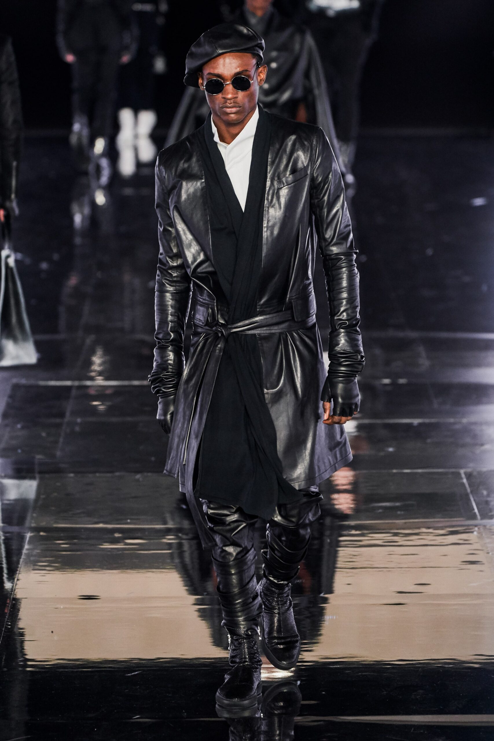 black leather coat and pants