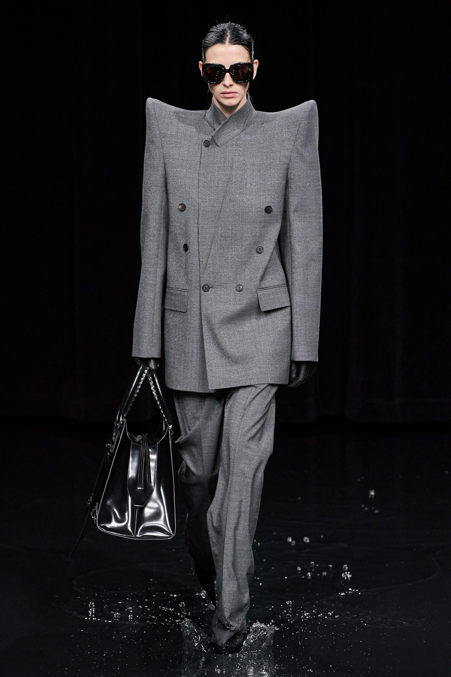 gray wool long-sleeve collared structured padded blazer