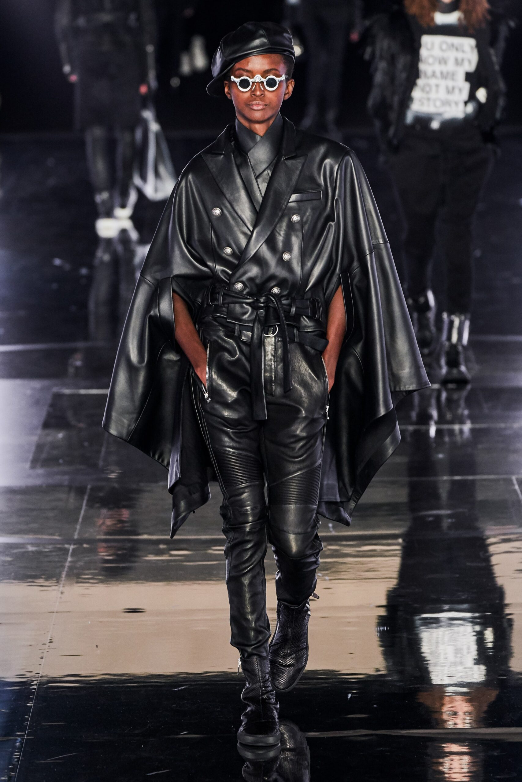 black leather cape and pants