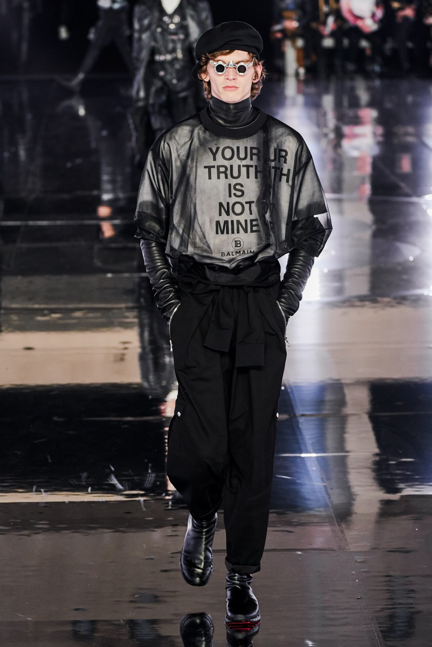 black mesh top with cargo pants