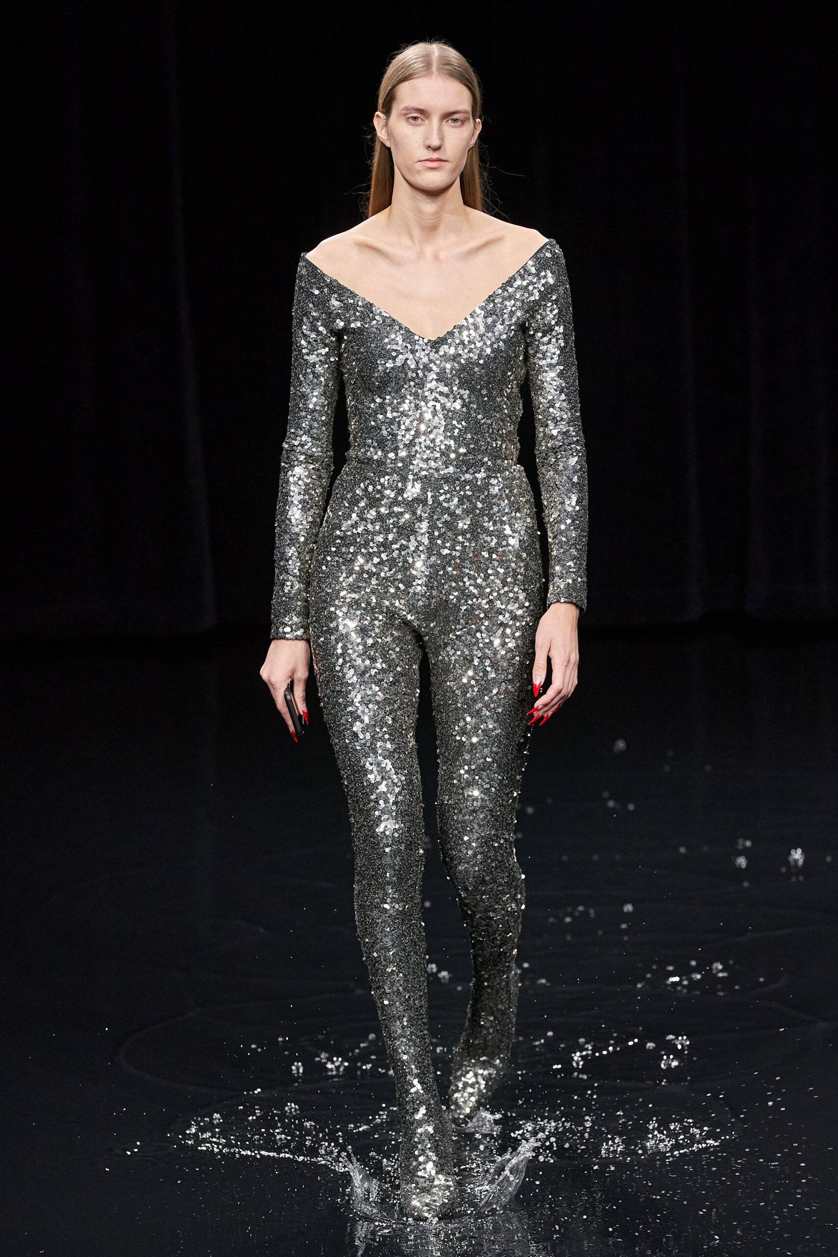 silver sequin fitted catsuit