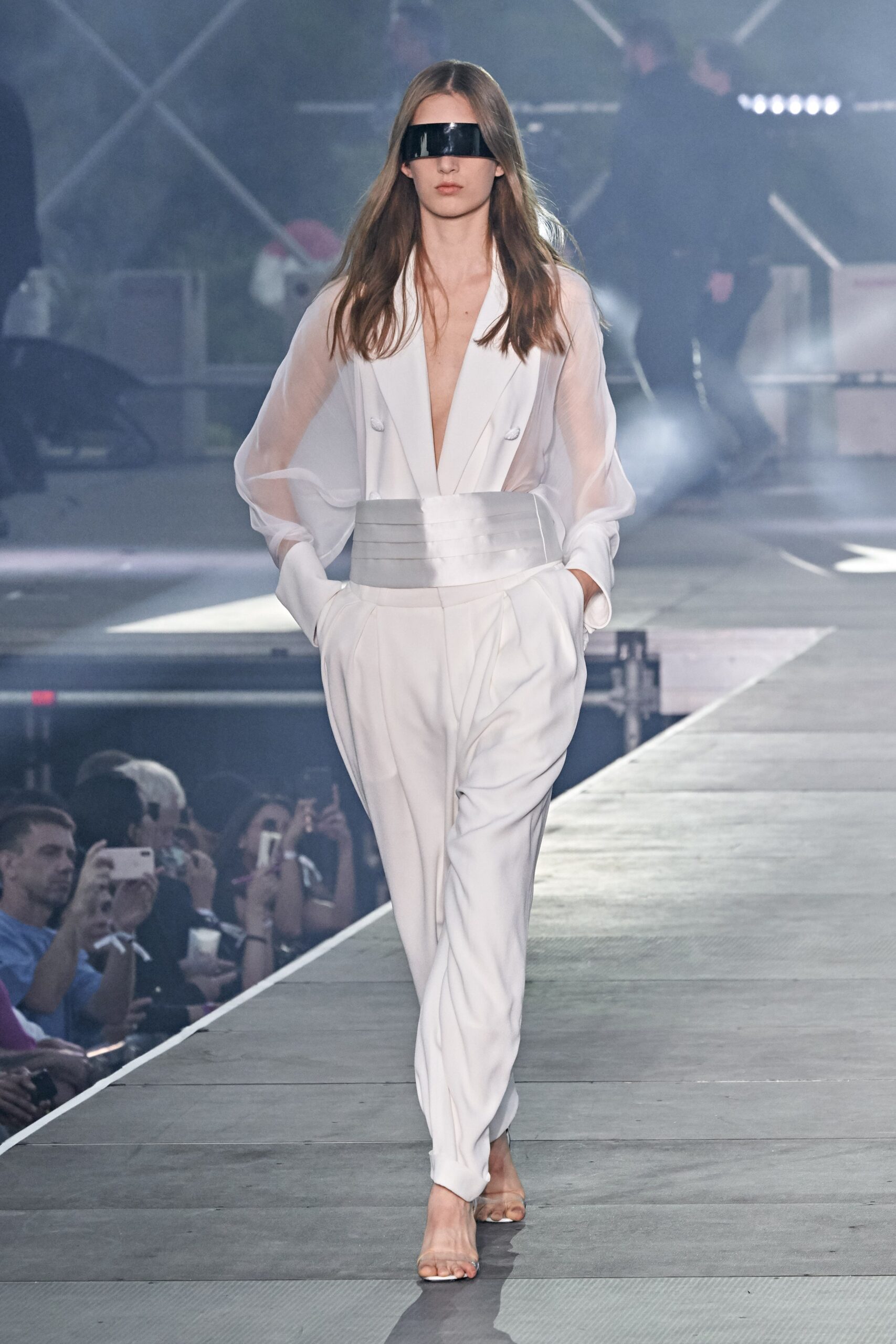 white silk long-sleeve v-neck relaxed buttoned sheer jacket