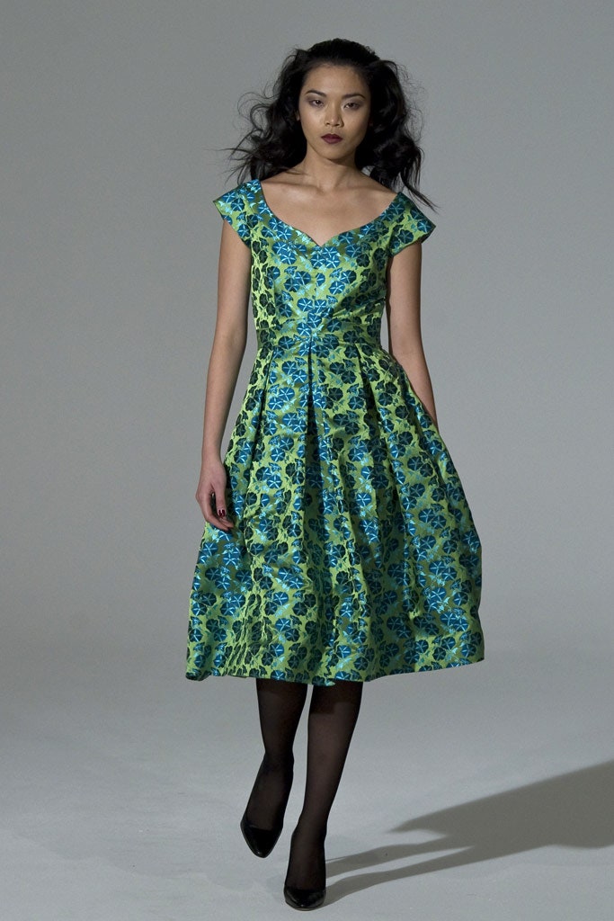 green and blue printed midi dress