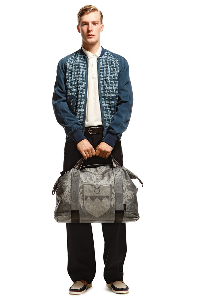 blue jacket and black pants outfit