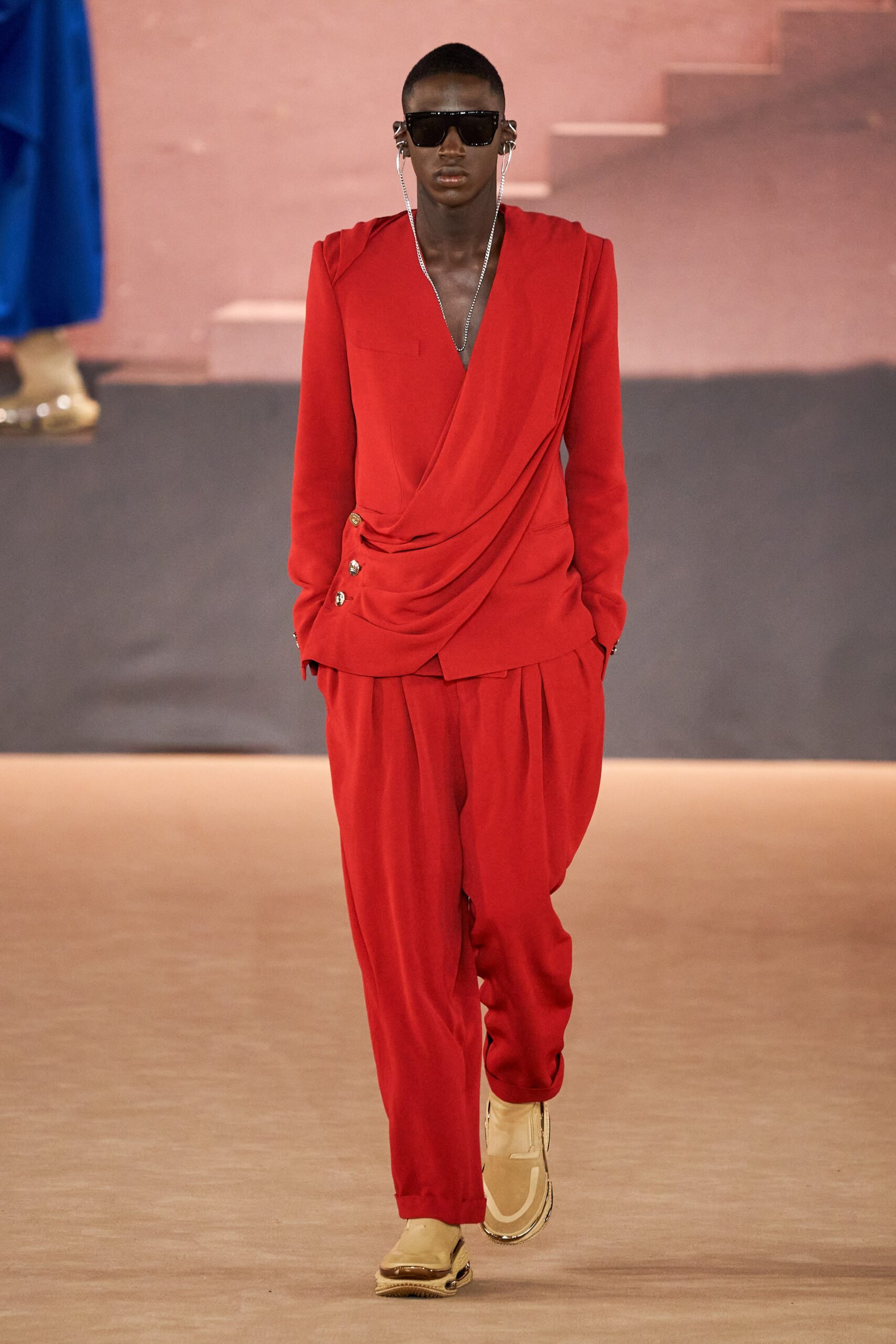 red silk long-sleeve v-neck fitted draped buttoned jacket
