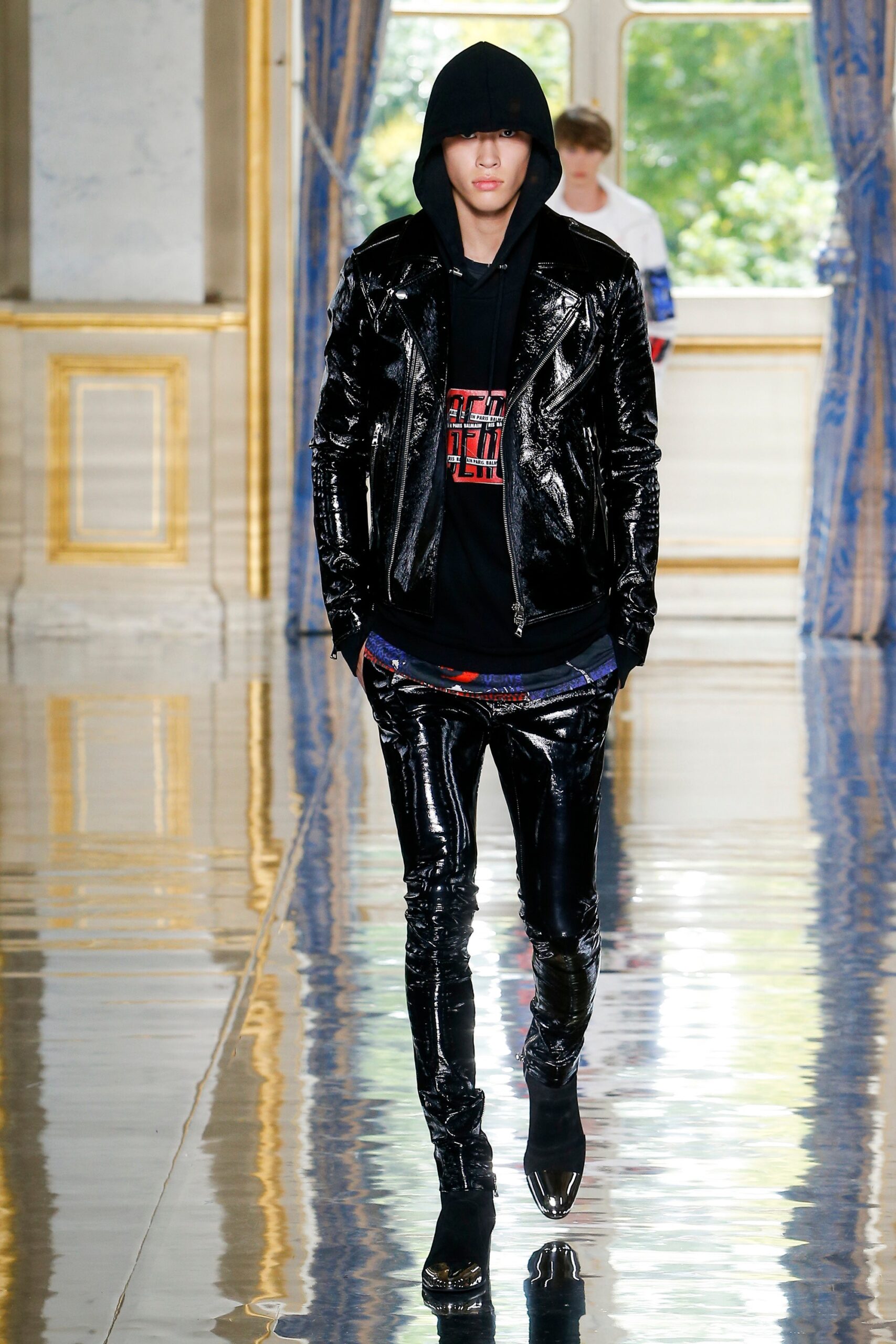 black leather jacket with hoodie