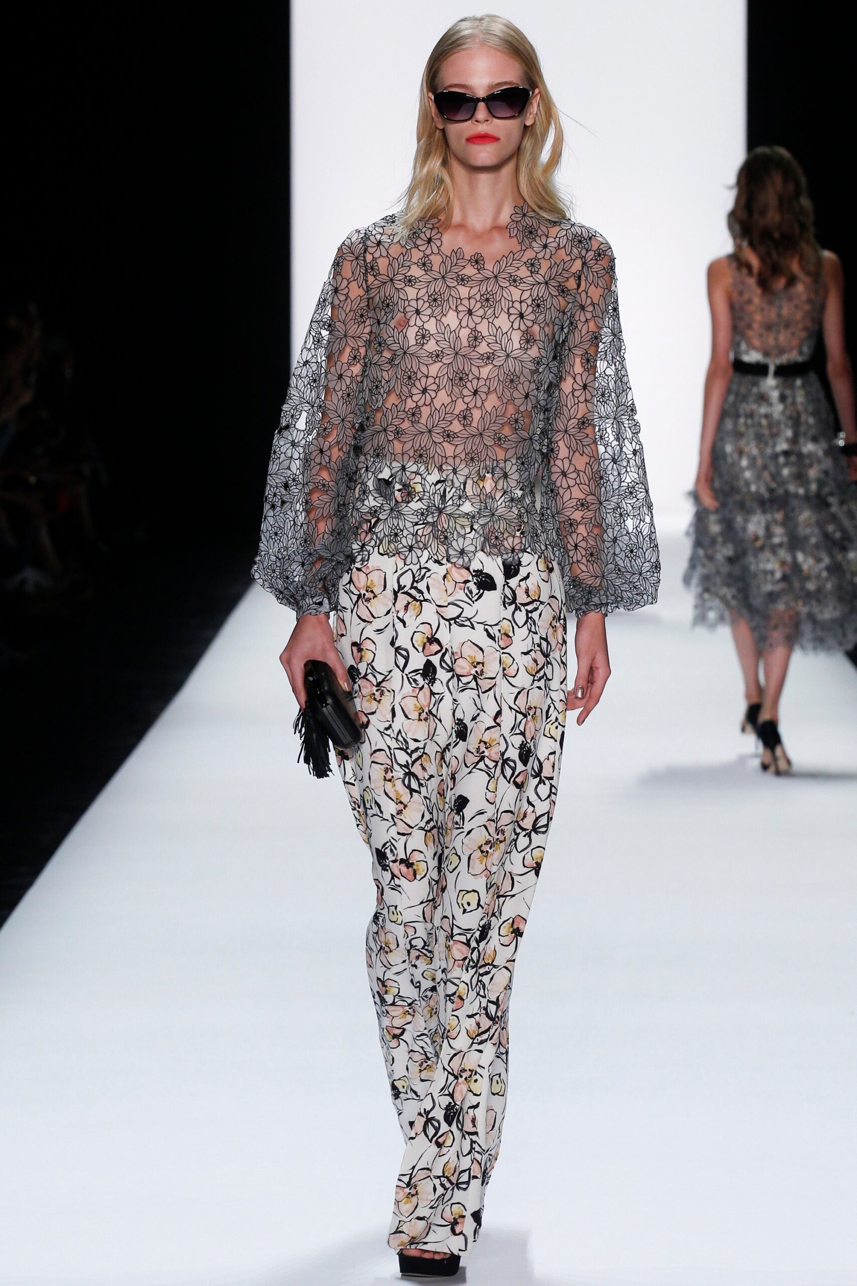black lace top with flared pants