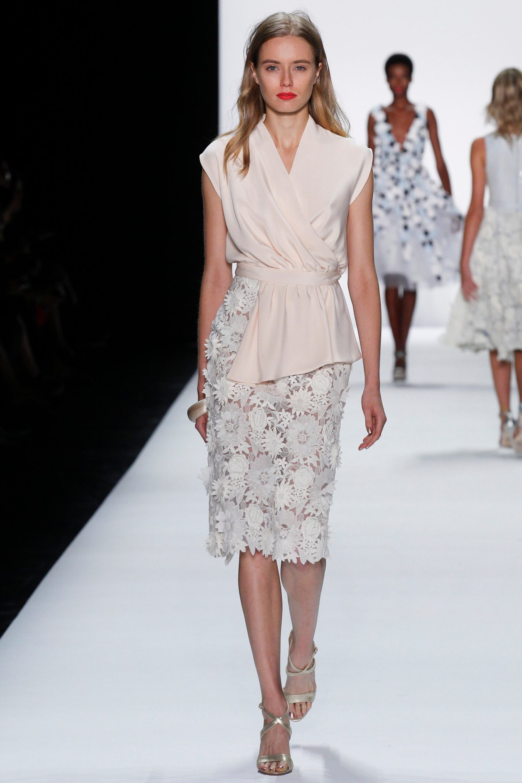 beige silk top and white lace skirt