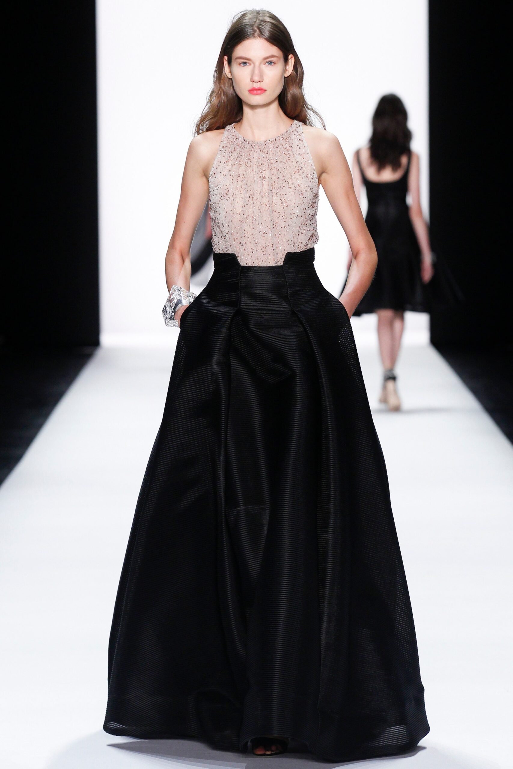 black silk a-line gown with beaded top