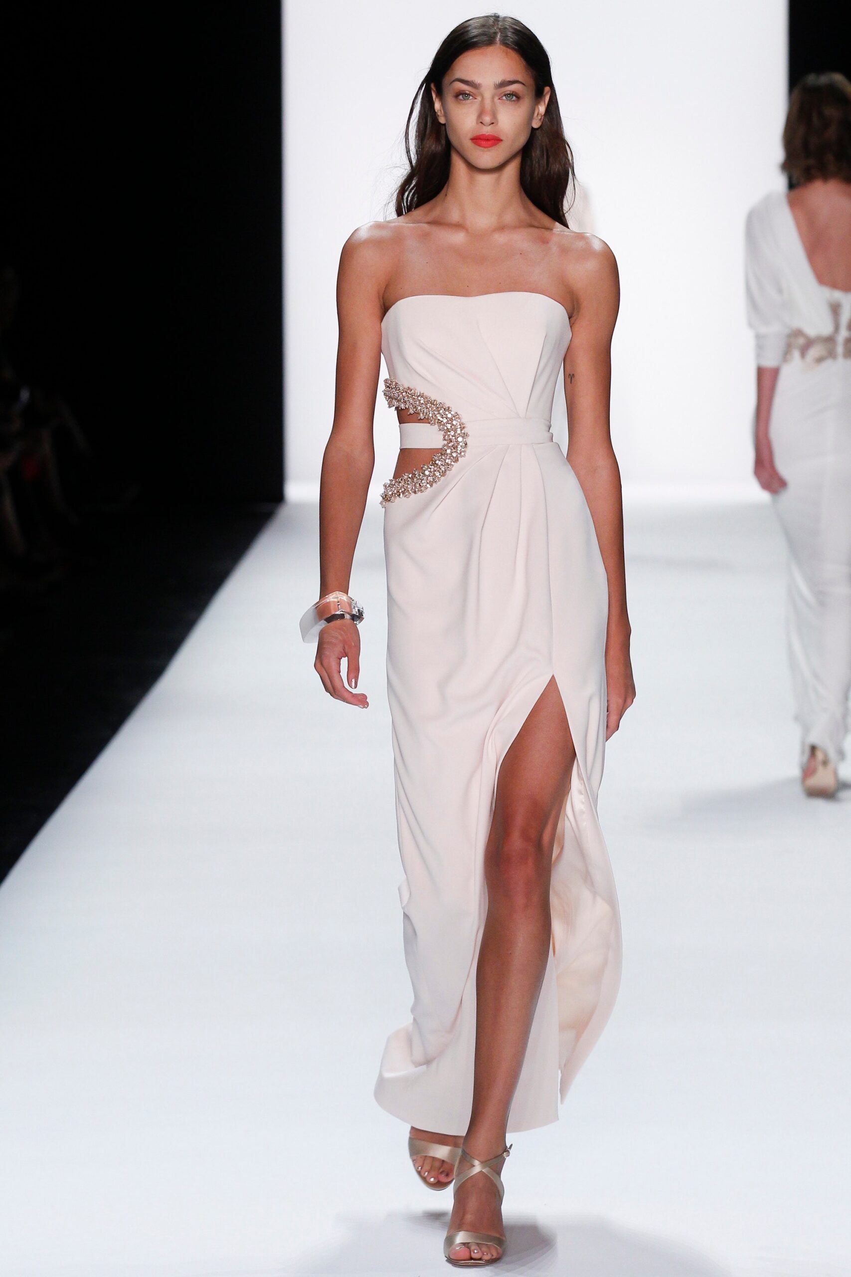 white silk strapless gown