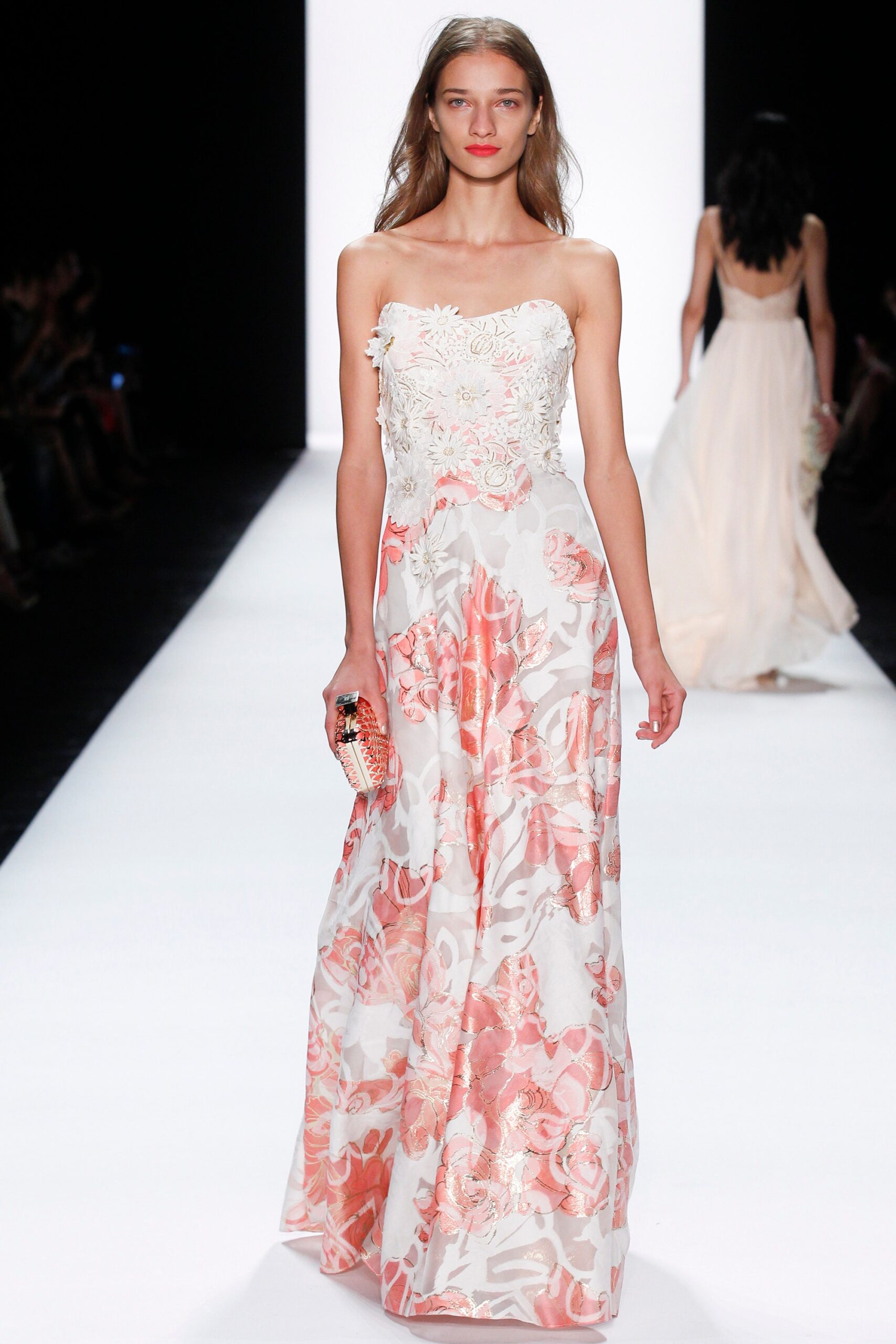 white pink floral strapless gown