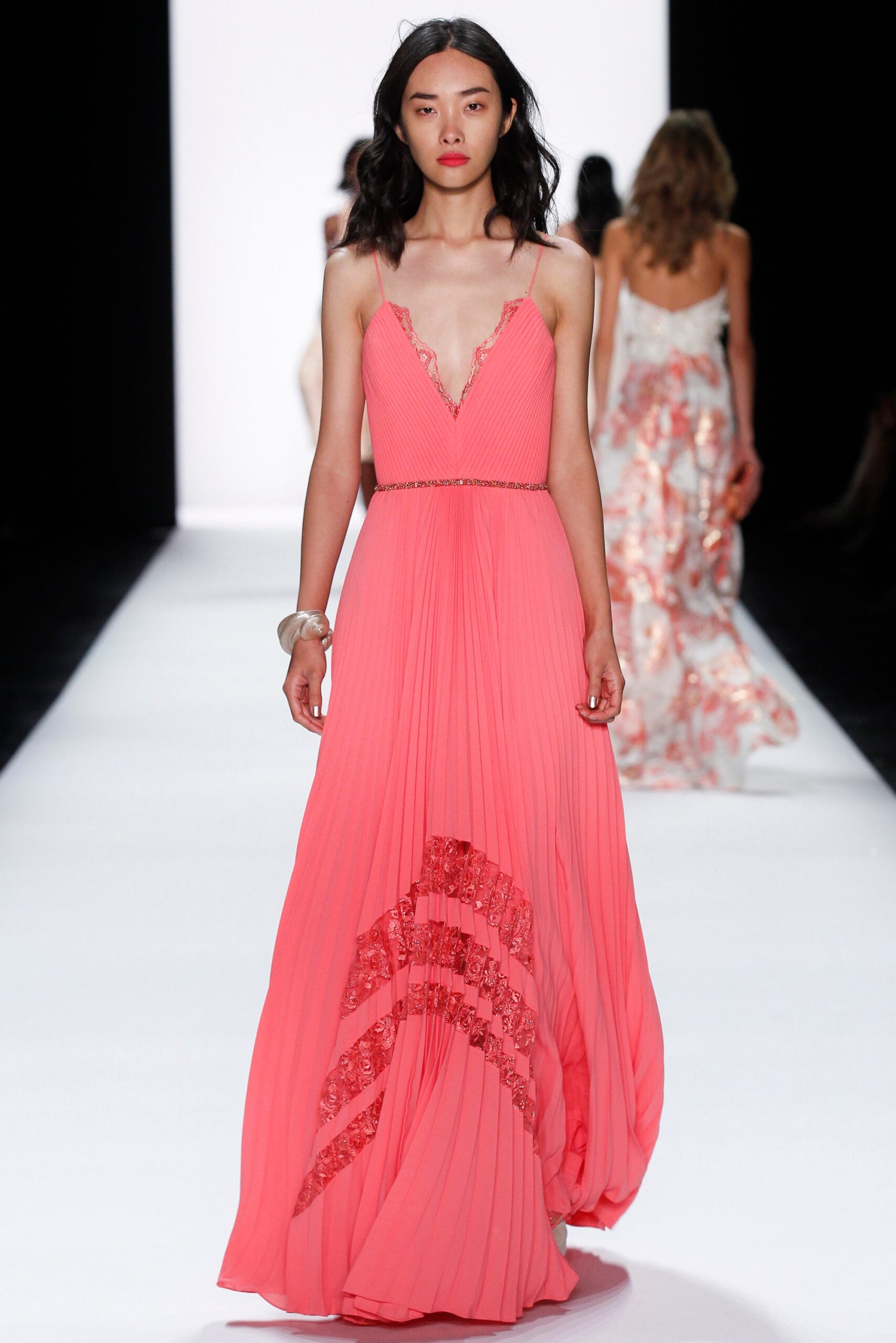pink pleated sleeveless gown