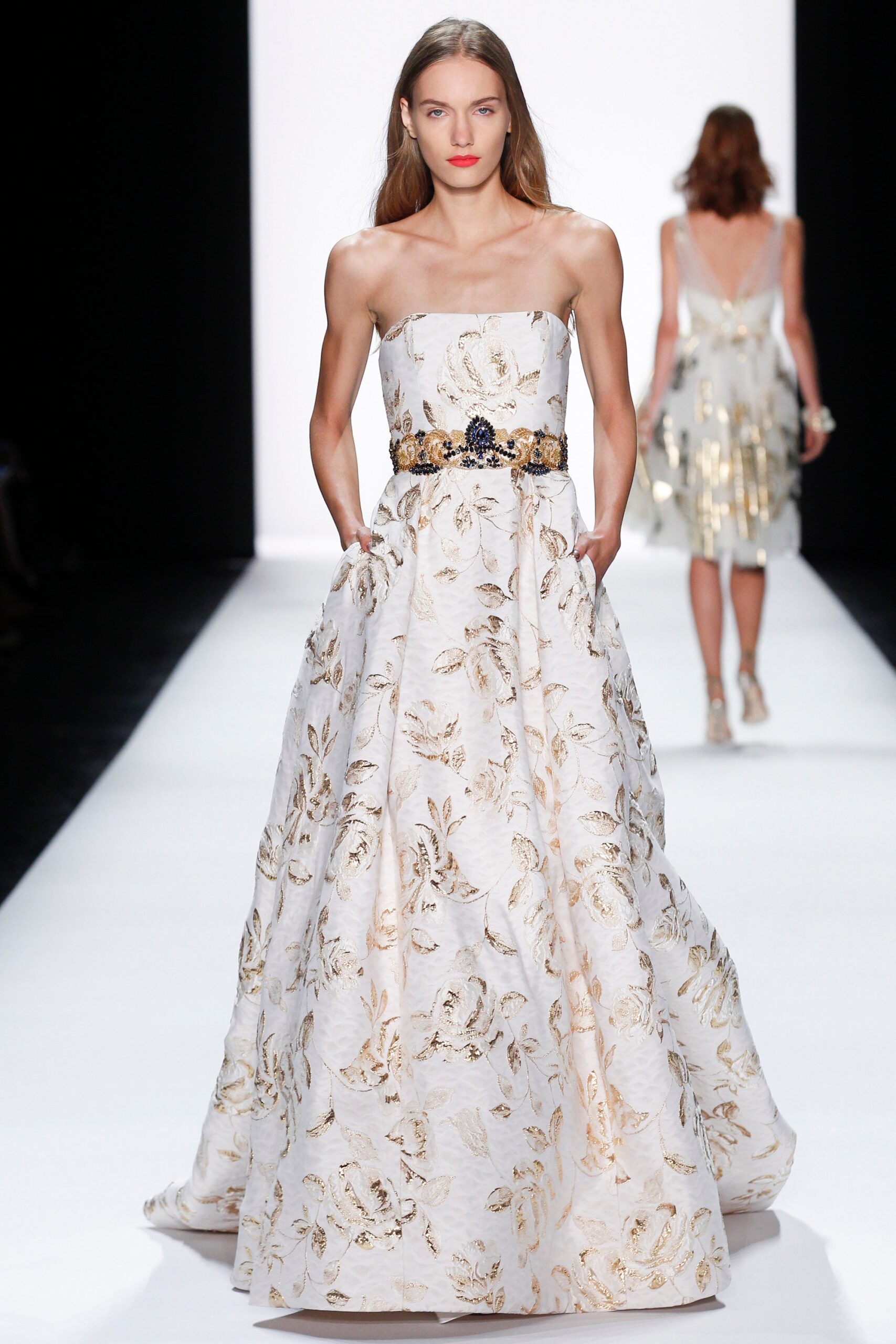 white gold embroidered strapless gown