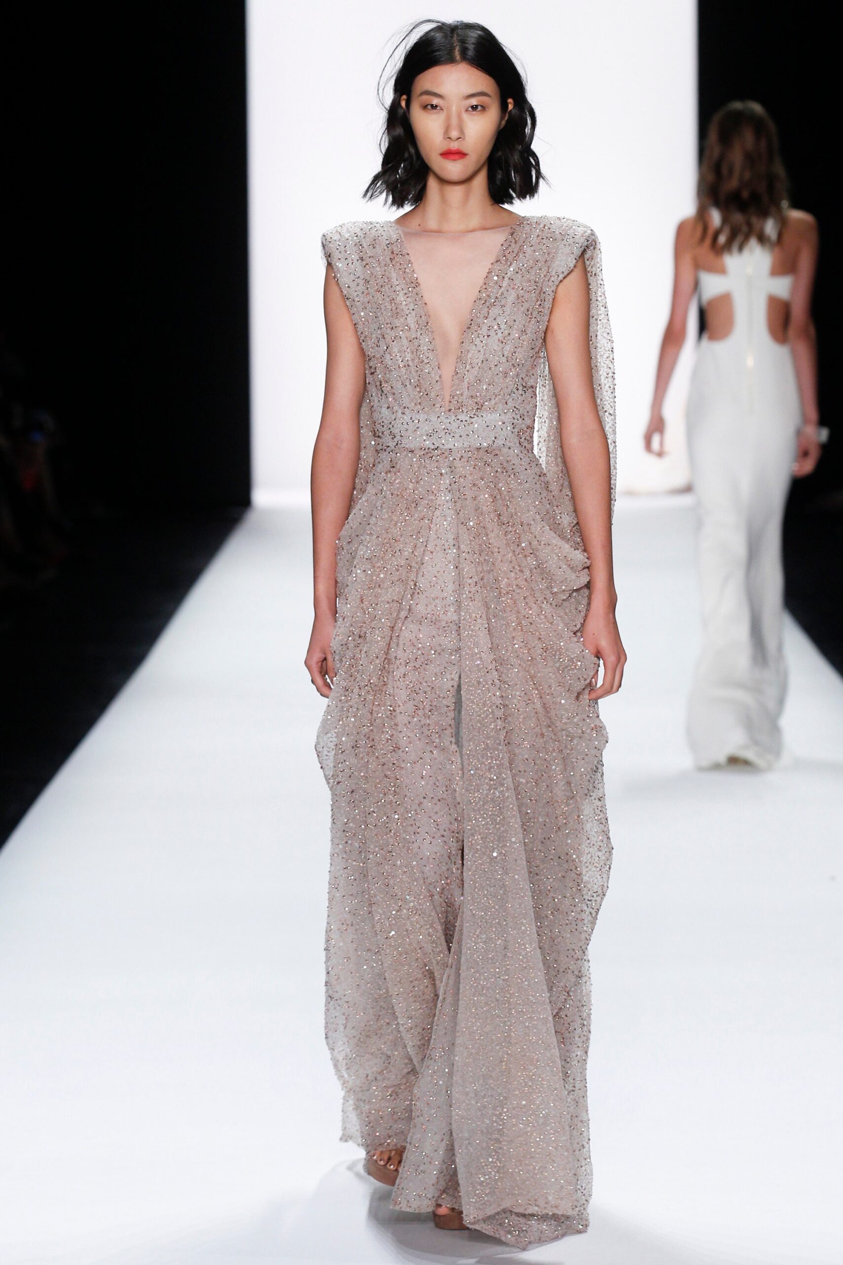 beige silk sleeveless gown