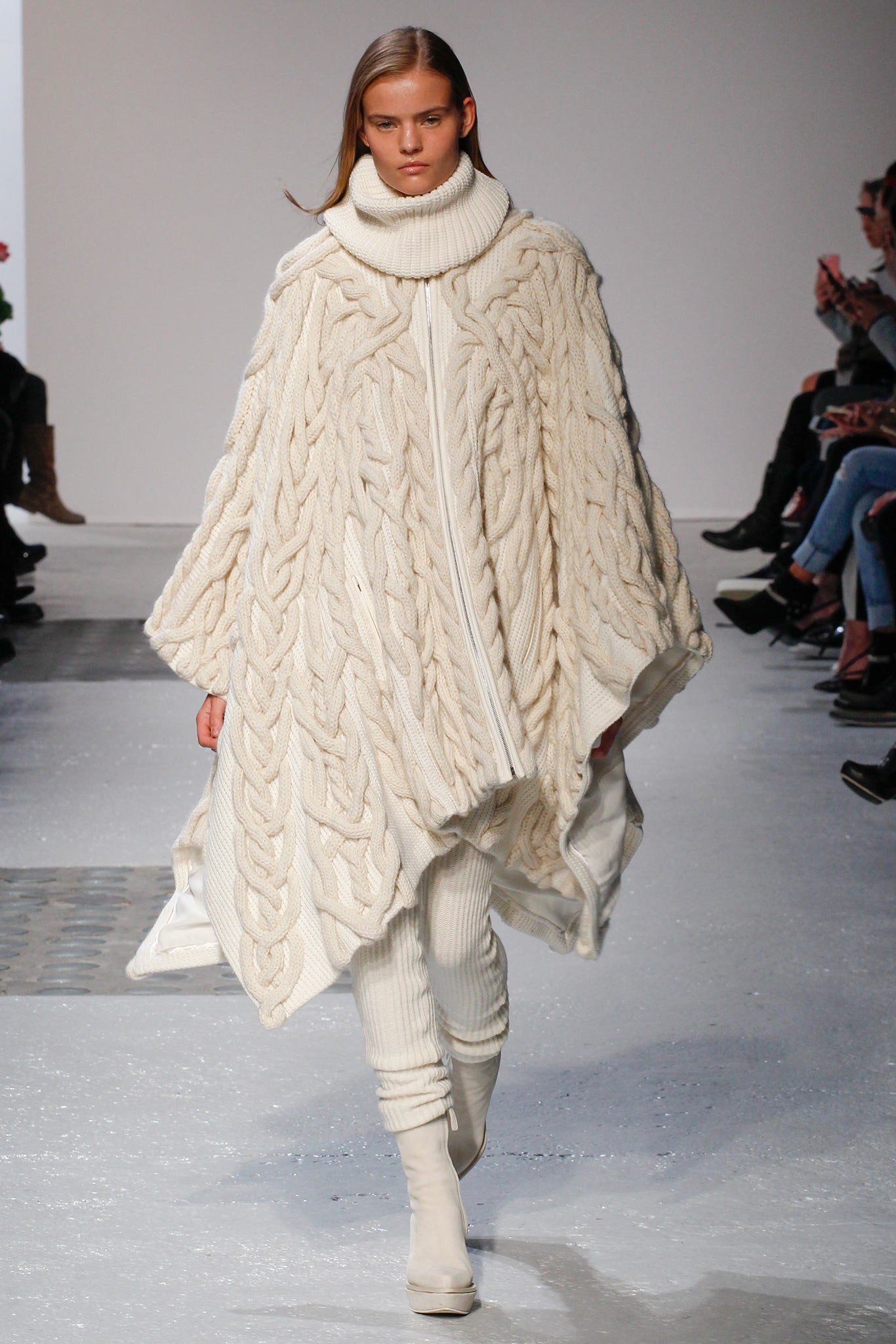 white wool sleeveless high-neck oversized layered textured poncho