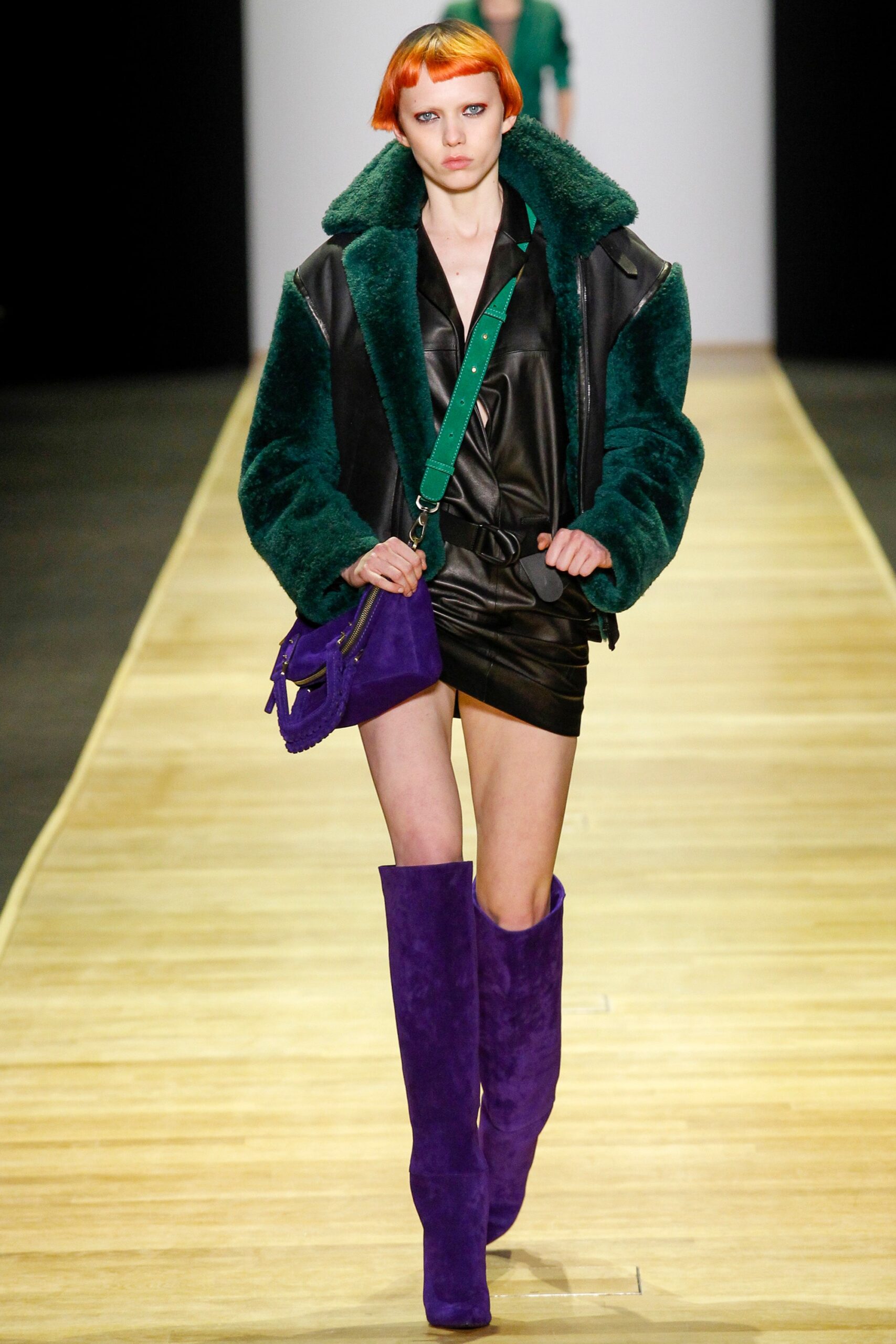 black leather mini dress with oversized jacket