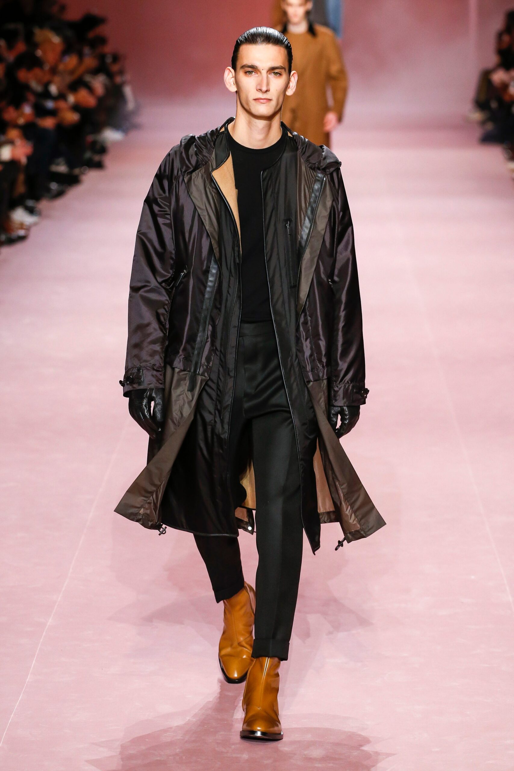 black nylon long-sleeve hooded relaxed zippered shiny parka