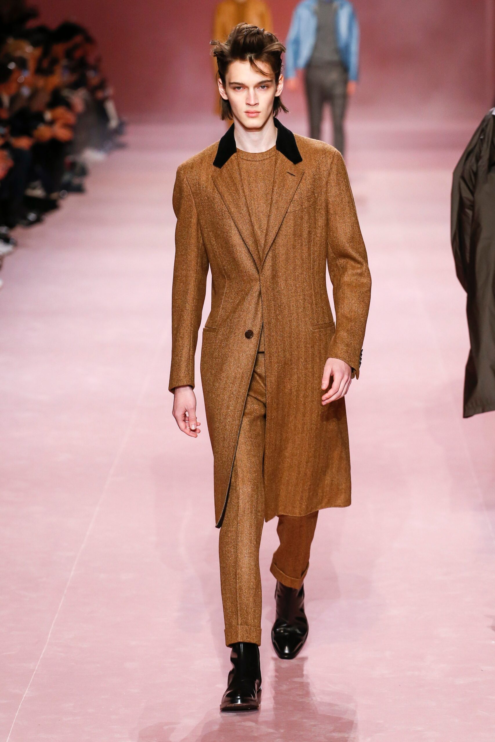 brown wool tailored herringbone straight-leg textured pants