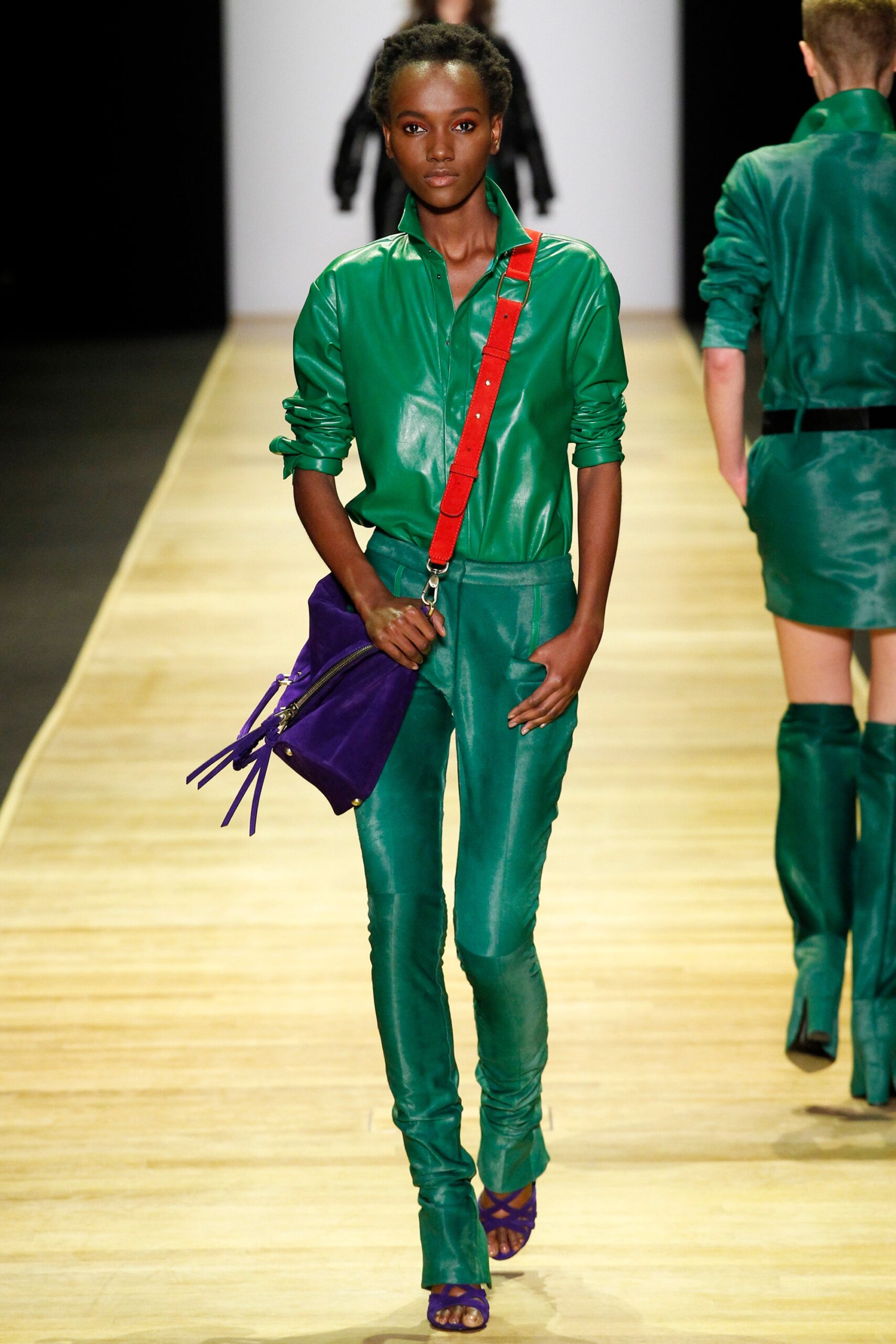 green leather fitted jumpsuit
