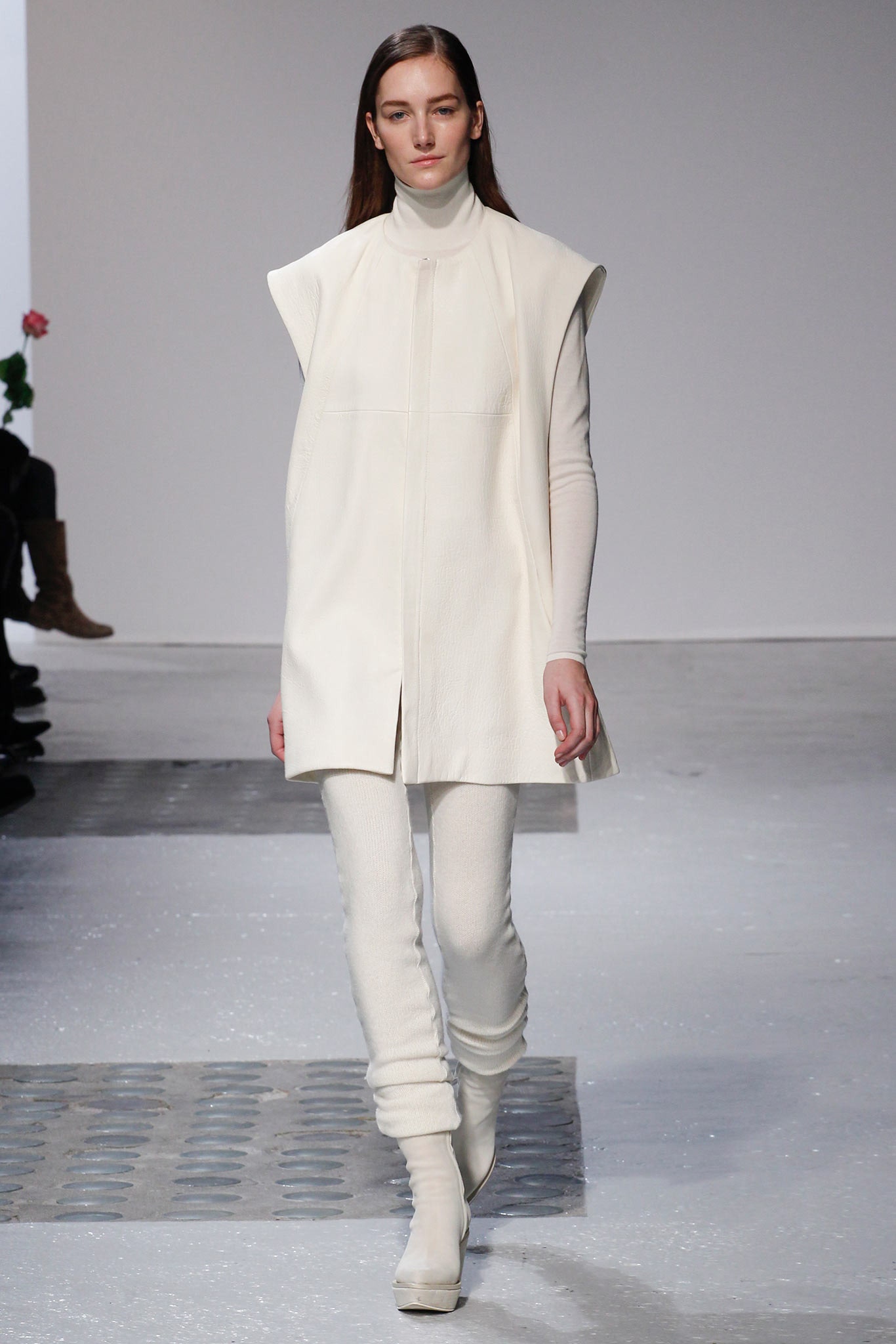 white relaxed coat with fitted pants