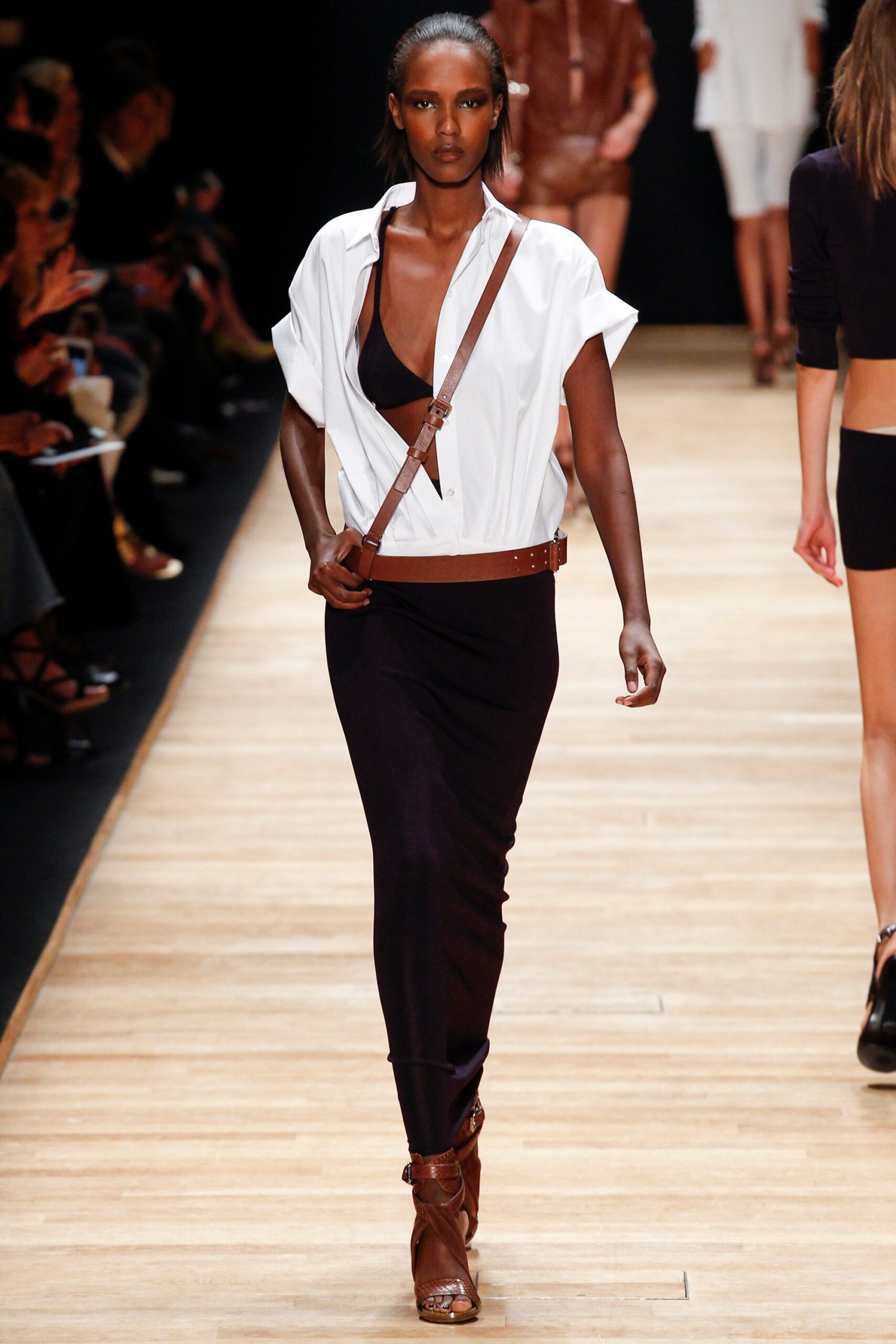 black fitted midi dress with white shirt